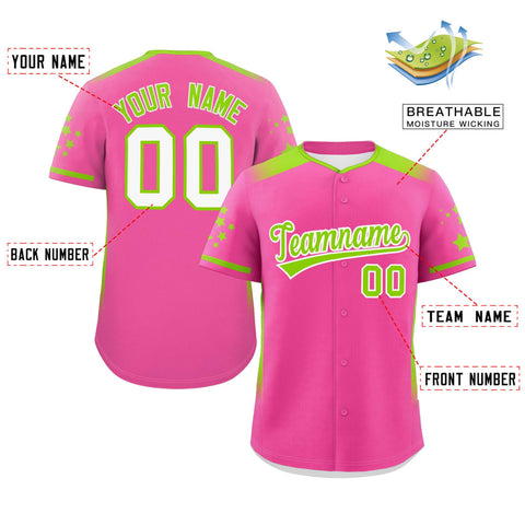Custom Pink Neon Green Gradient Side Personalized Star Pattern Authentic Baseball Jersey