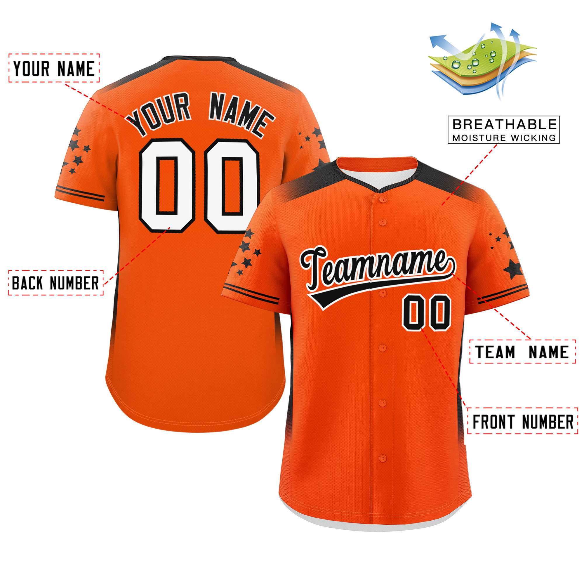 Custom Orange Black Gradient Side Personalized Star Pattern Authentic Baseball Jersey