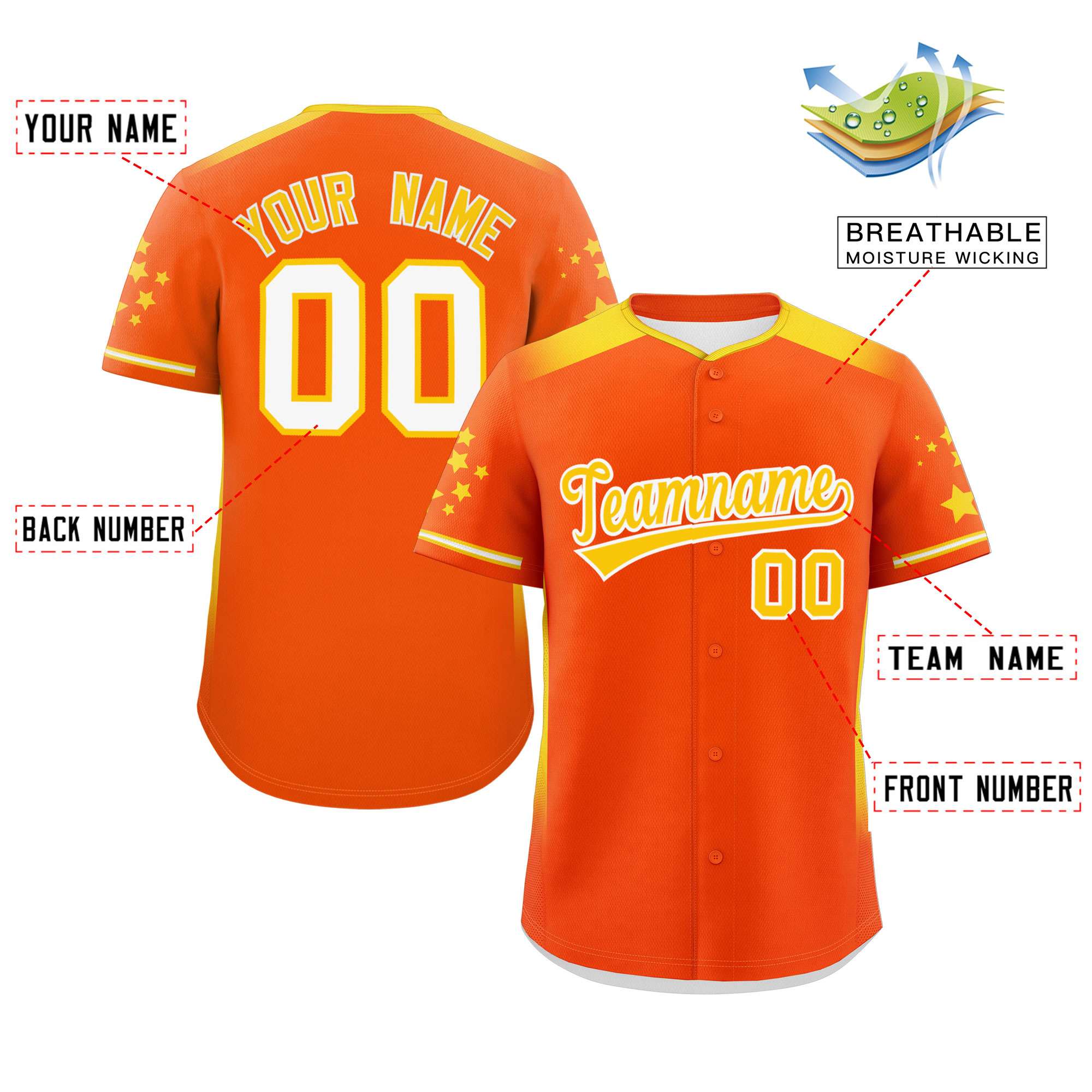 Custom Orange Gold Gradient Side Personalized Star Pattern Authentic Baseball Jersey