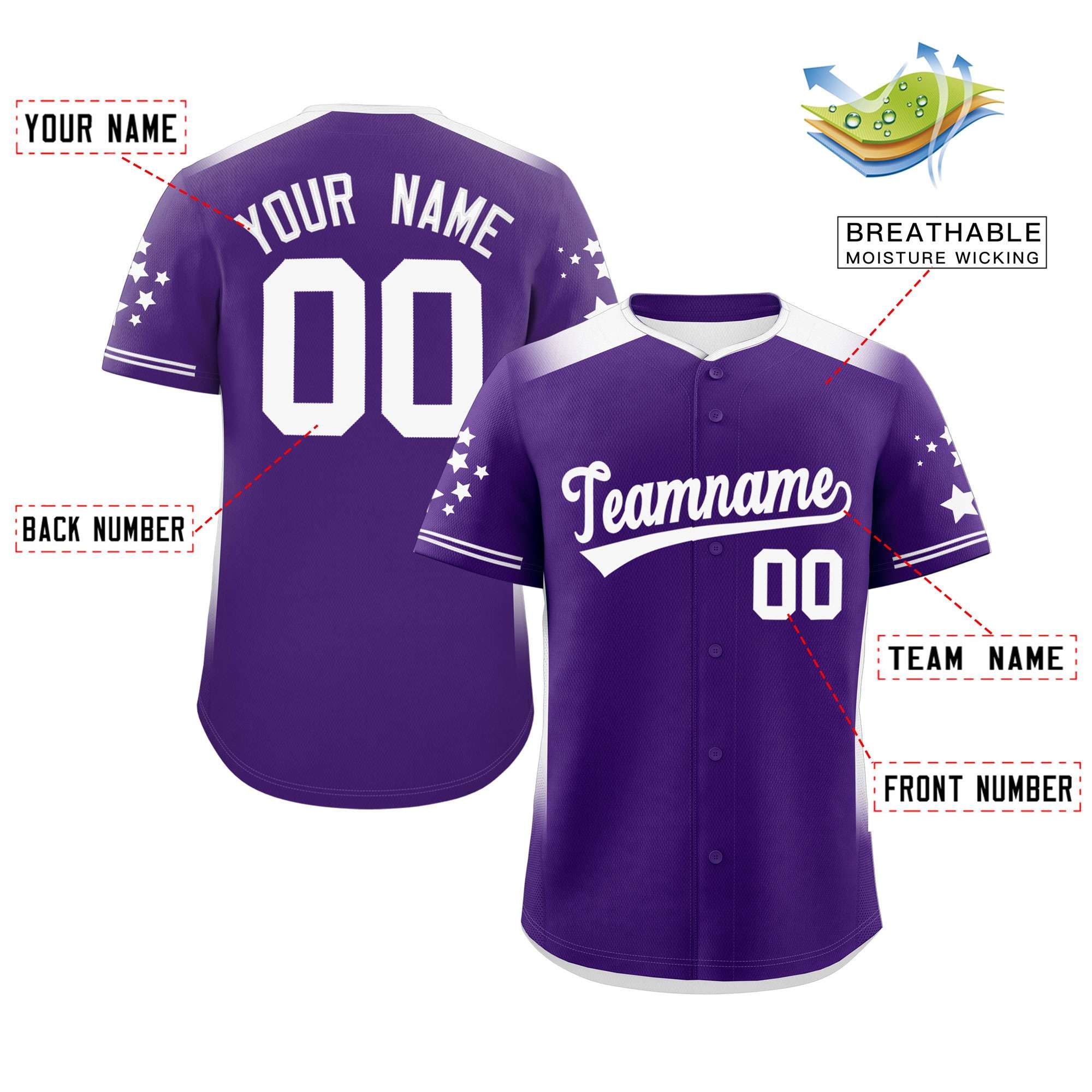 Custom Purple White Gradient Side Personalized Star Pattern Authentic Baseball Jersey