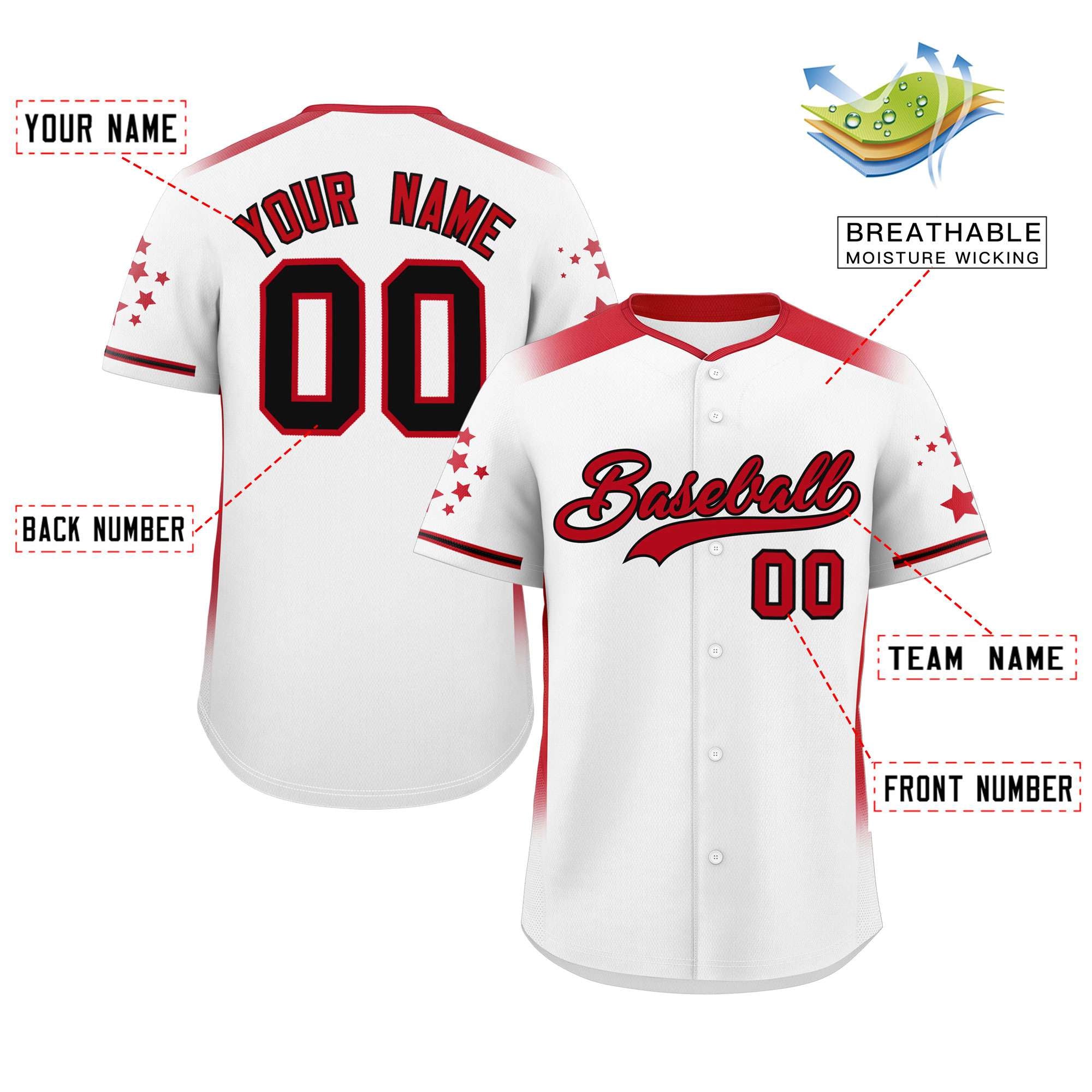 Custom White Red Gradient Side Personalized Star Pattern Authentic Baseball Jersey