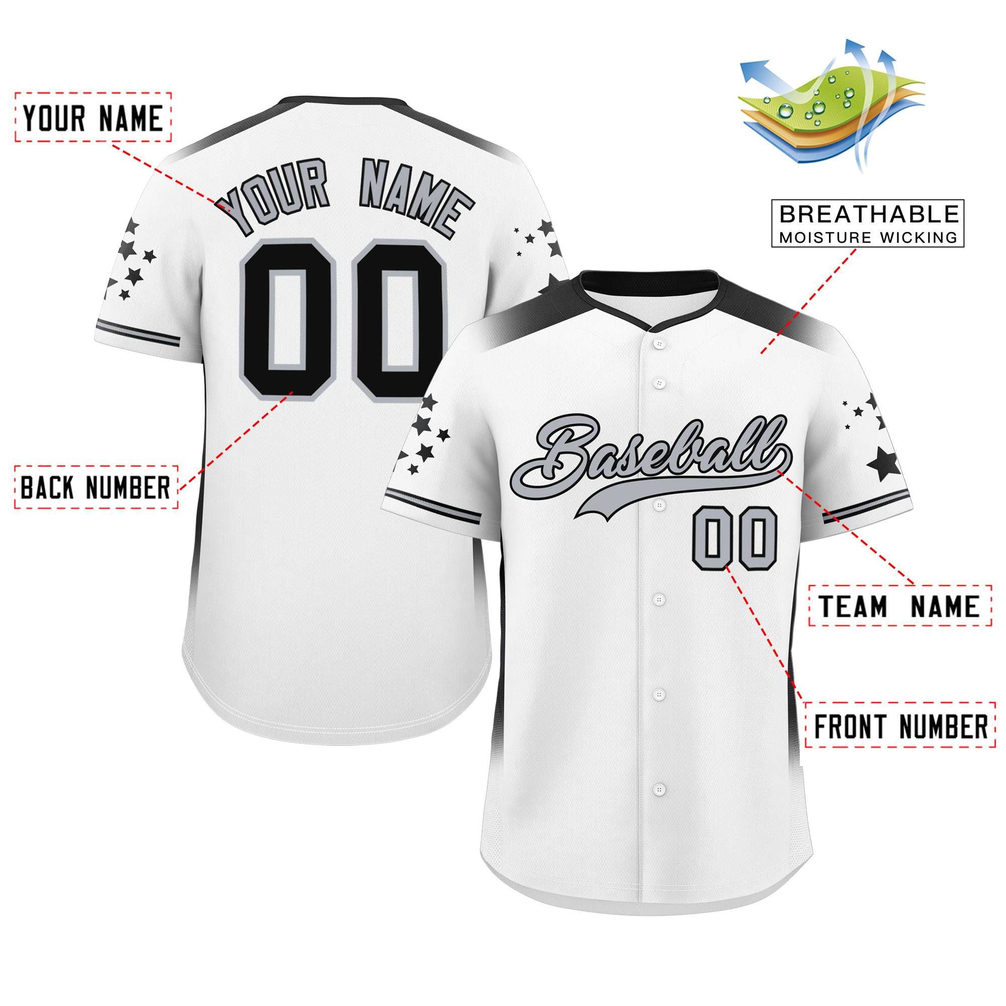 Custom White Black Gradient Side Personalized Star Pattern Authentic Baseball Jersey