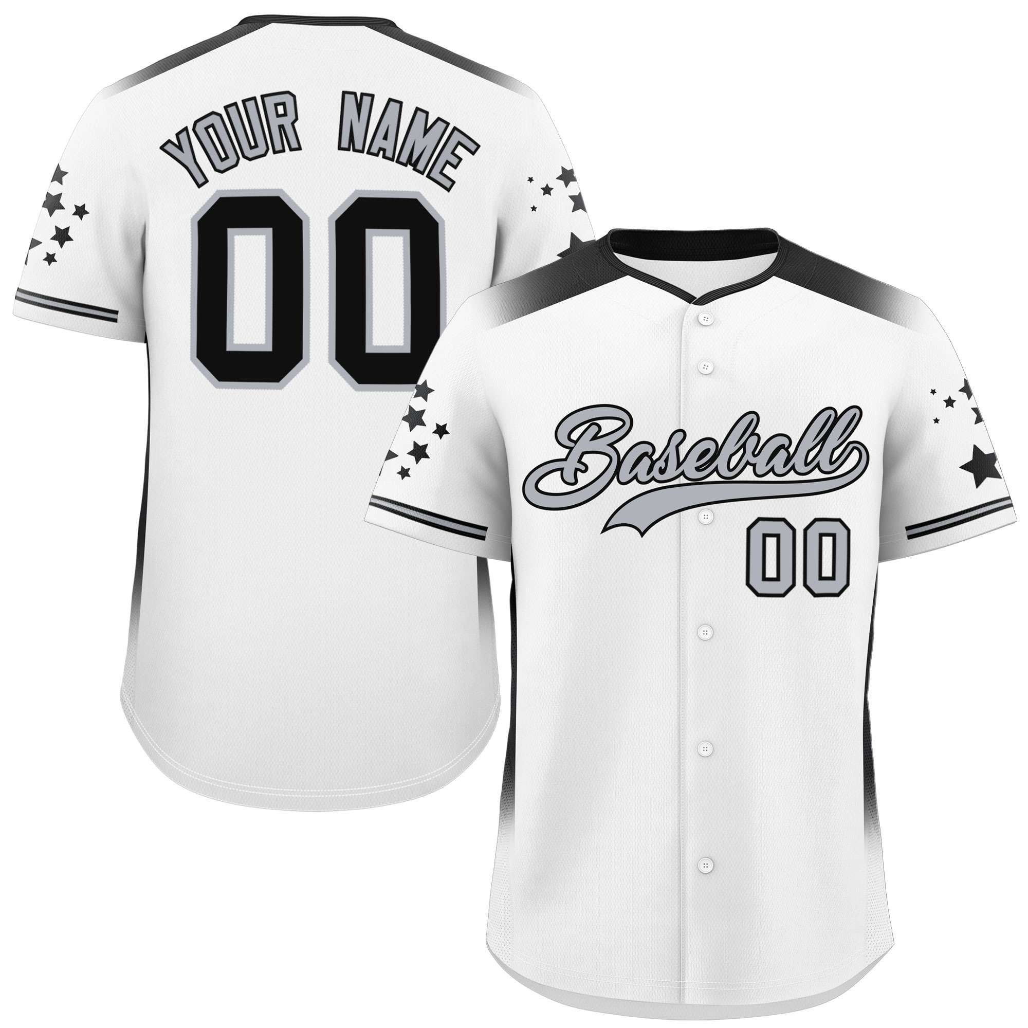 Custom White Black Gradient Side Personalized Star Pattern Authentic Baseball Jersey
