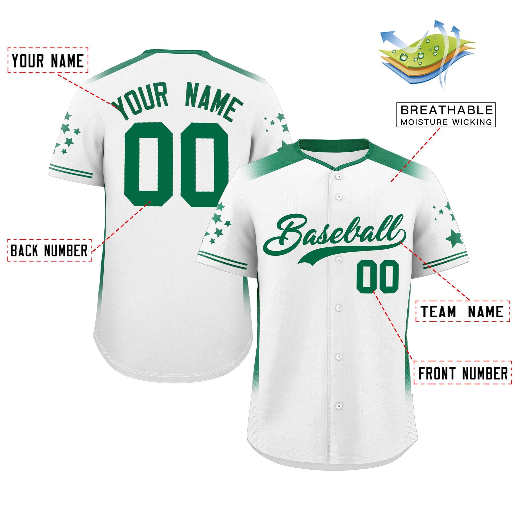 Custom White Kelly Green Gradient Side Personalized Star Pattern Authentic Baseball Jersey