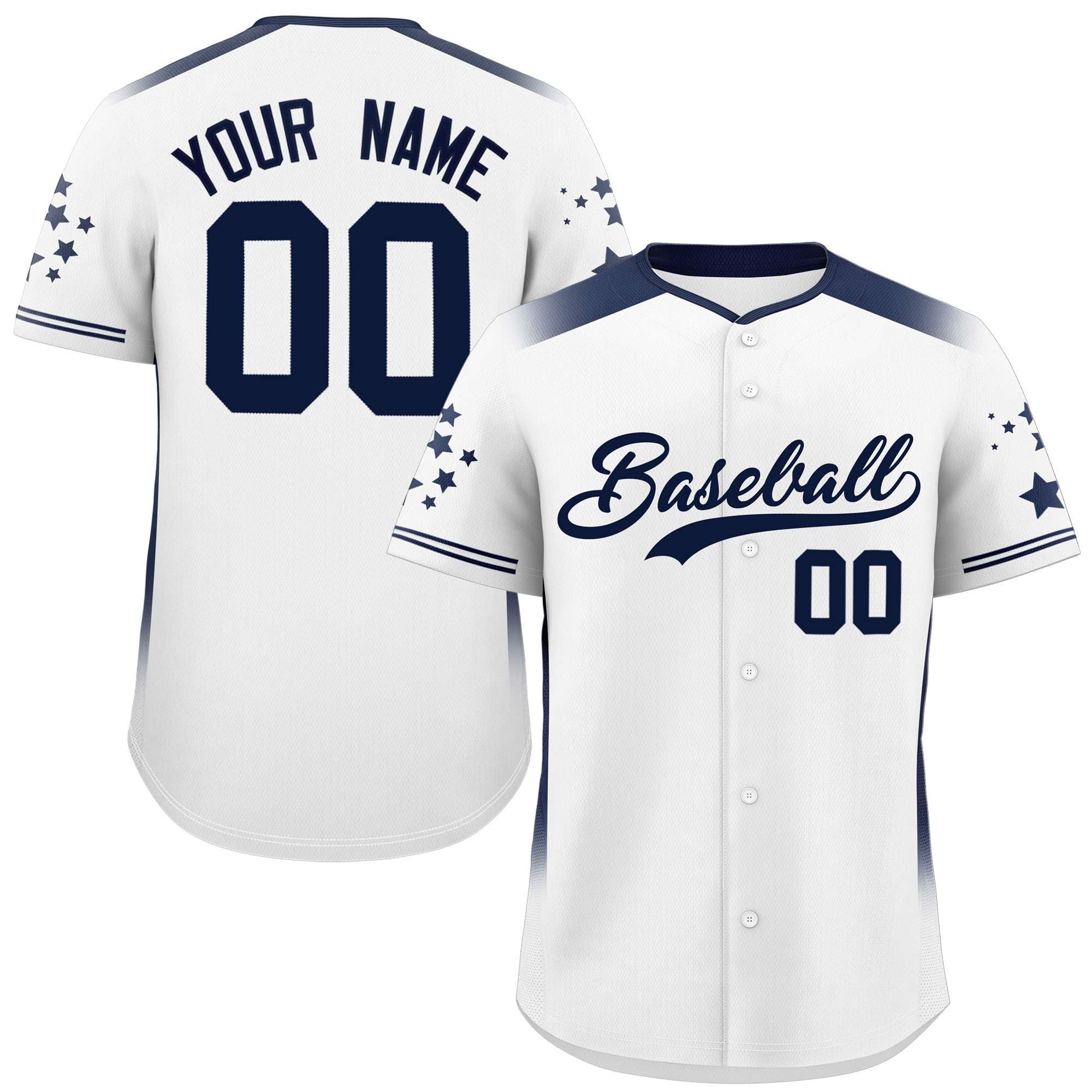 Custom White Navy Gradient Side Personalized Star Pattern Authentic Baseball Jersey