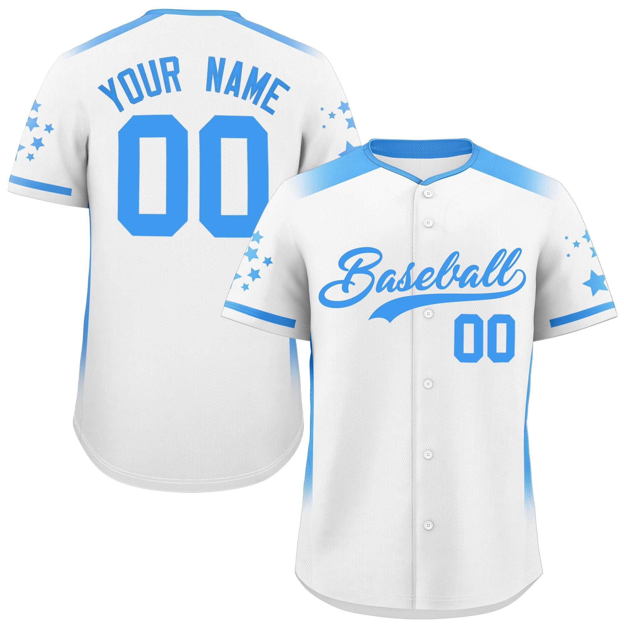 Custom White Powder Blue Gradient Side Personalized Star Pattern Authentic Baseball Jersey