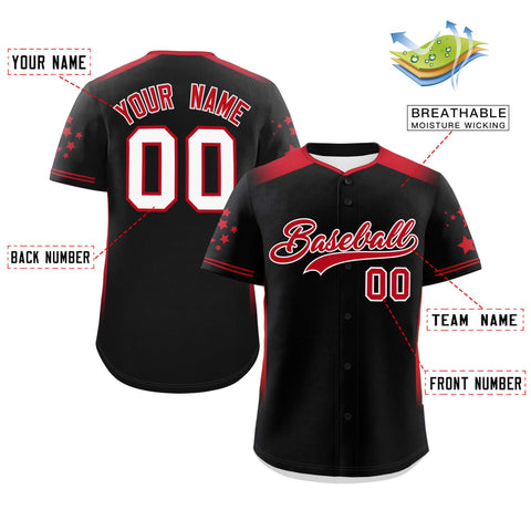 Custom Black Red Gradient Side Personalized Star Pattern Authentic Baseball Jersey