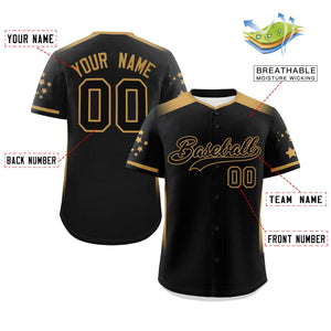 Custom Black Old Gold Gradient Side Personalized Star Pattern Authentic Baseball Jersey