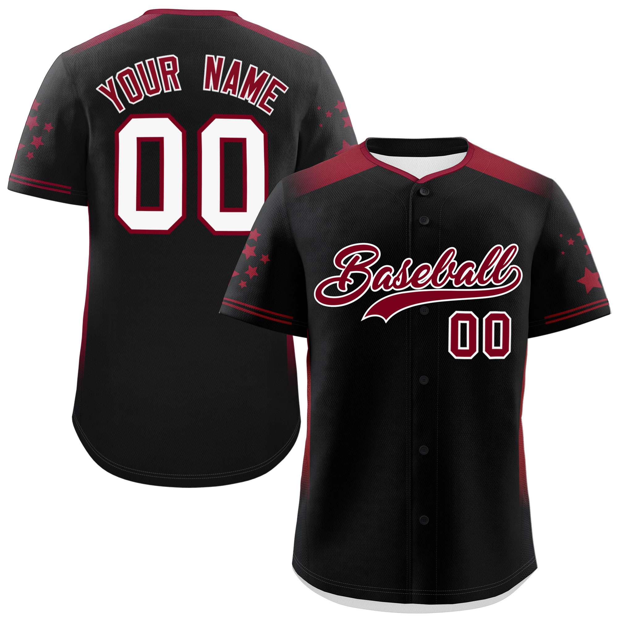 Custom Black Crimson Gradient Side Personalized Star Pattern Authentic Baseball Jersey