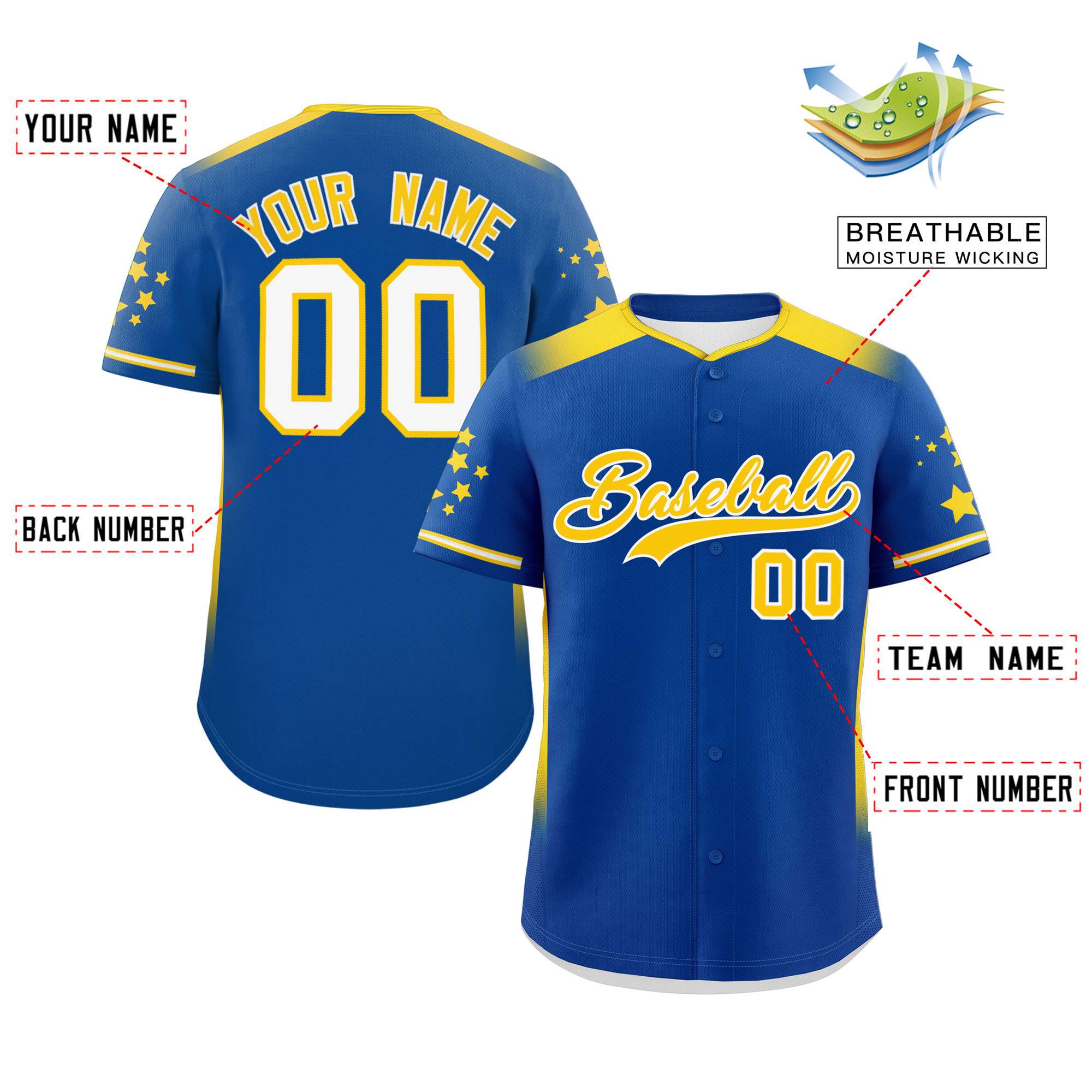 Custom Royal Gold Gradient Side Personalized Star Pattern Authentic Baseball Jersey