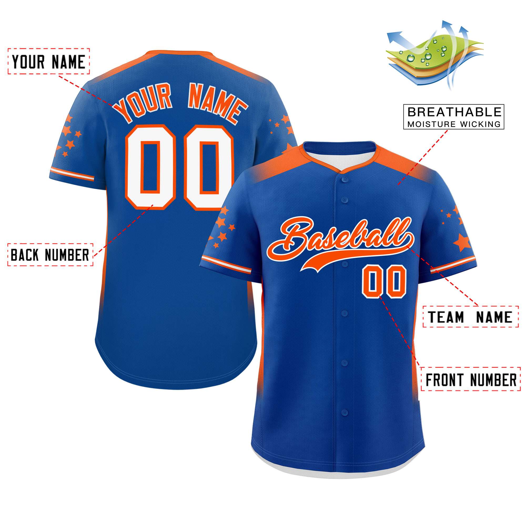 Custom Royal Orange Gradient Side Personalized Star Pattern Authentic Baseball Jersey