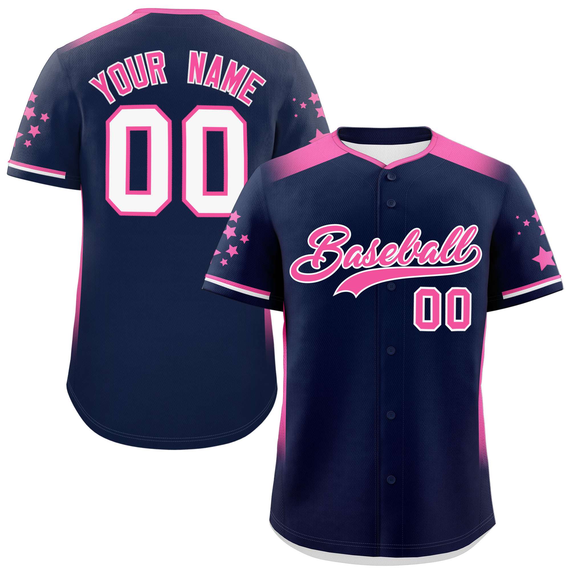 Custom Navy Pink Gradient Side Personalized Star Pattern Authentic Baseball Jersey