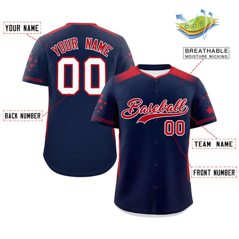 Custom Navy Red Gradient Side Personalized Star Pattern Authentic Baseball Jersey