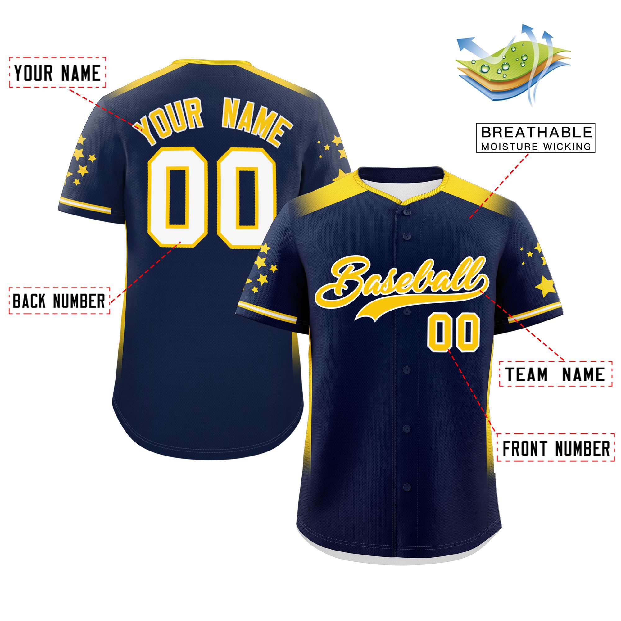 Custom Navy Gold Gradient Side Personalized Star Pattern Authentic Baseball Jersey