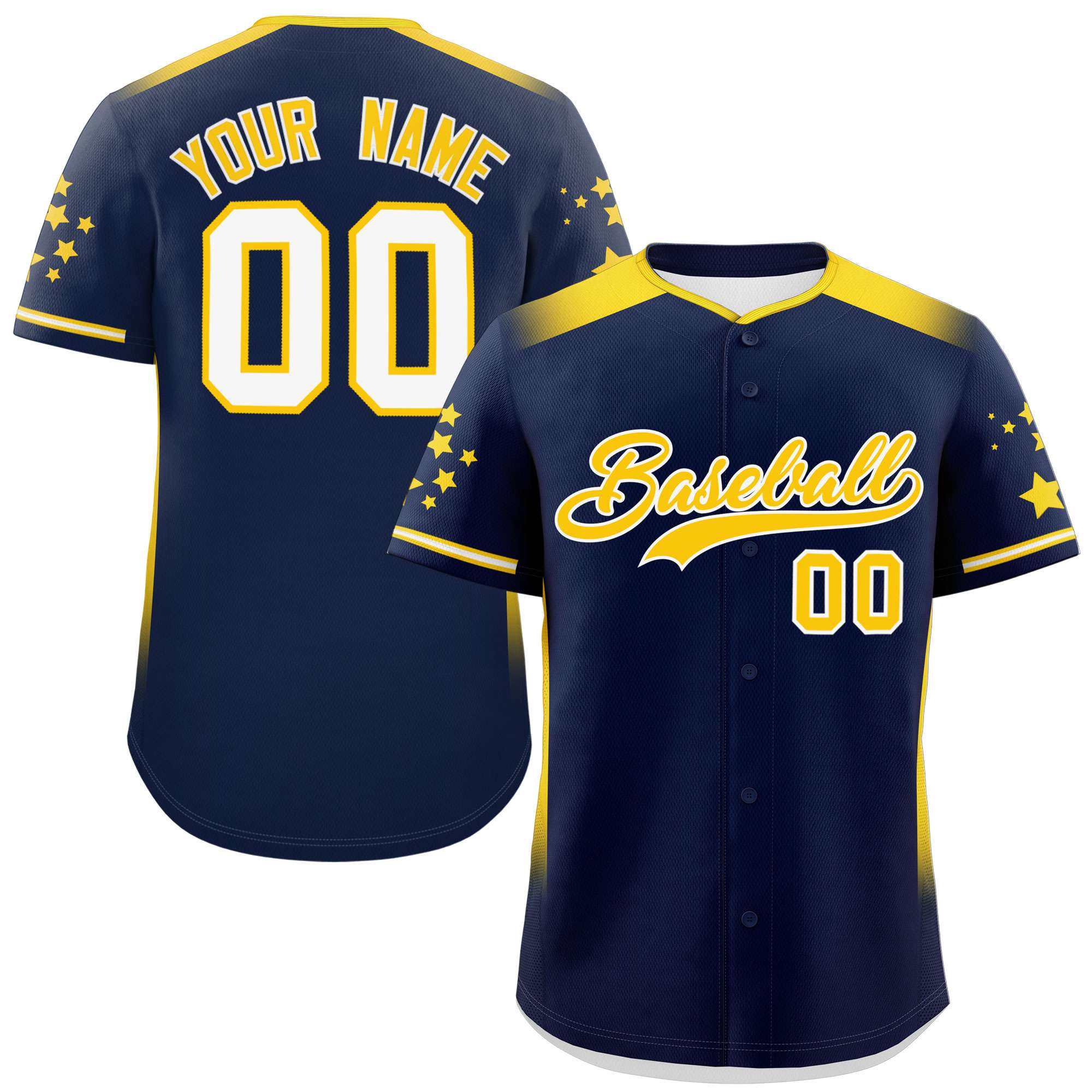 Custom Navy Gold Gradient Side Personalized Star Pattern Authentic Baseball Jersey