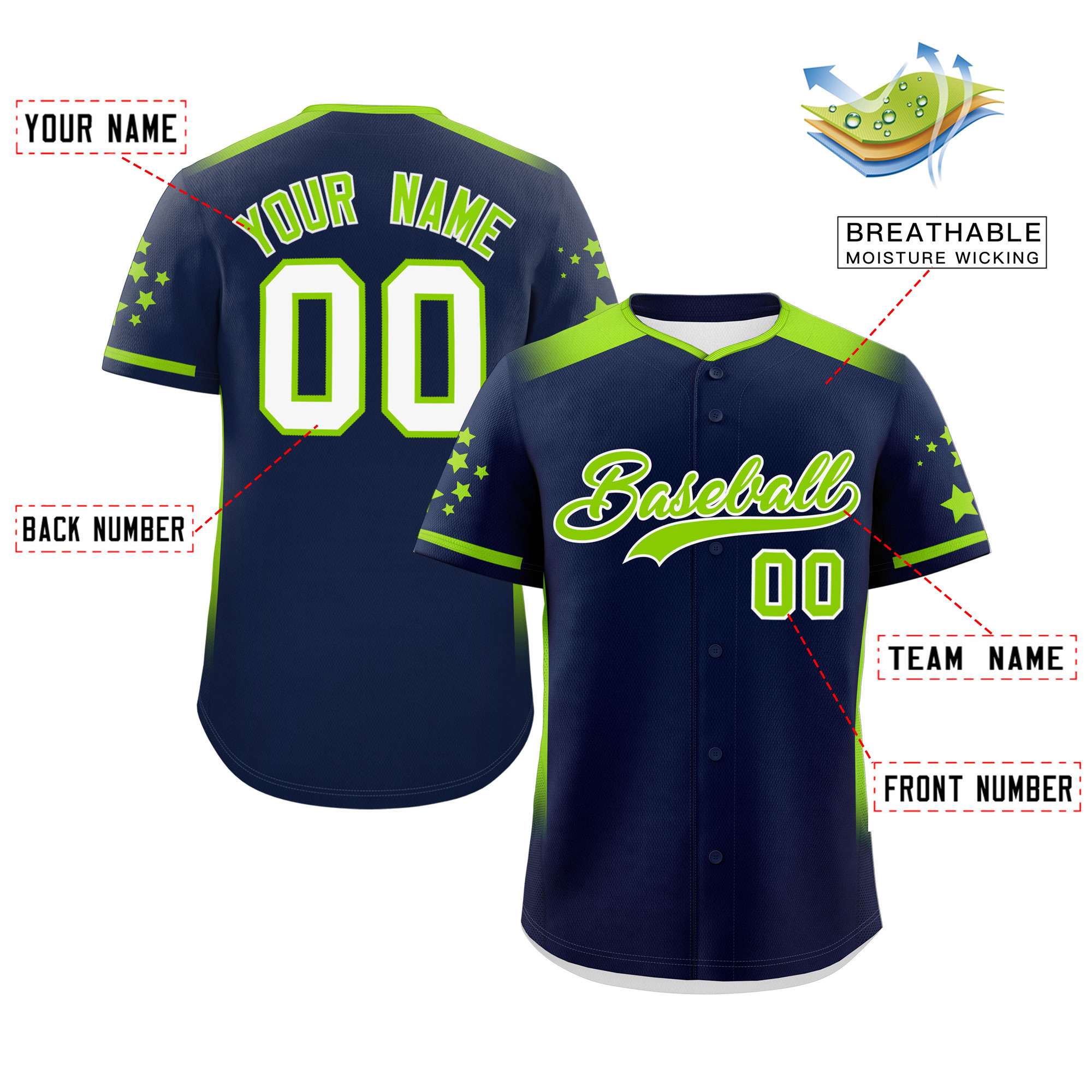 Custom Navy Neon Green Gradient Side Personalized Star Pattern Authentic Baseball Jersey