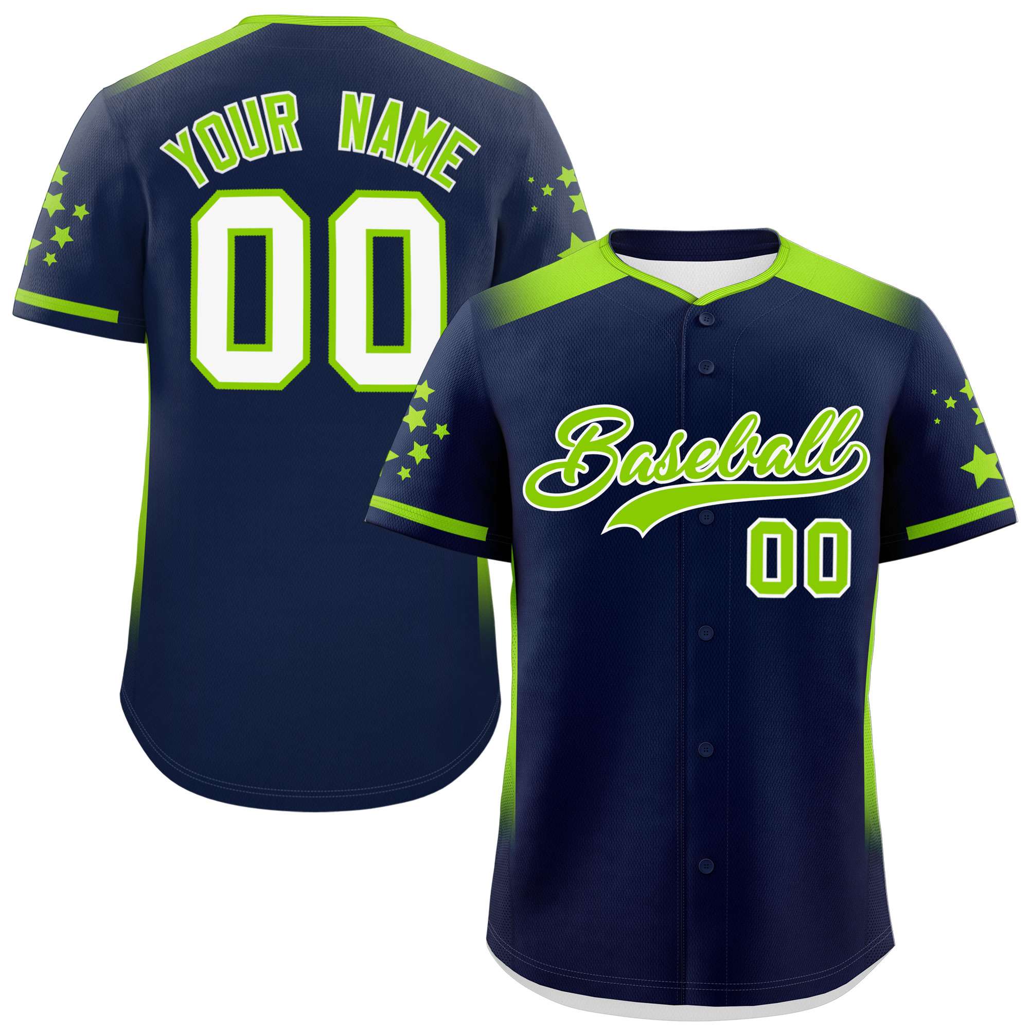 Custom Navy Neon Green Gradient Side Personalized Star Pattern Authentic Baseball Jersey