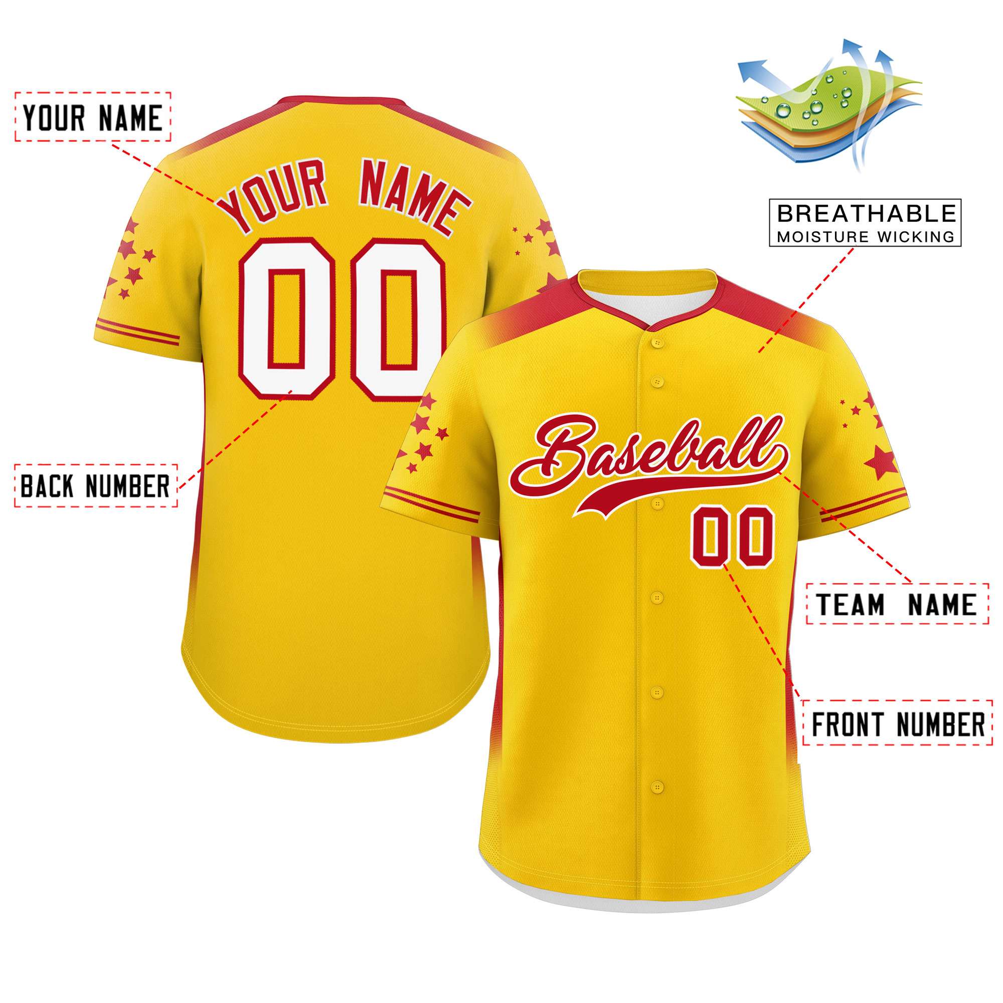 Custom Gold Red Gradient Side Personalized Star Pattern Authentic Baseball Jersey