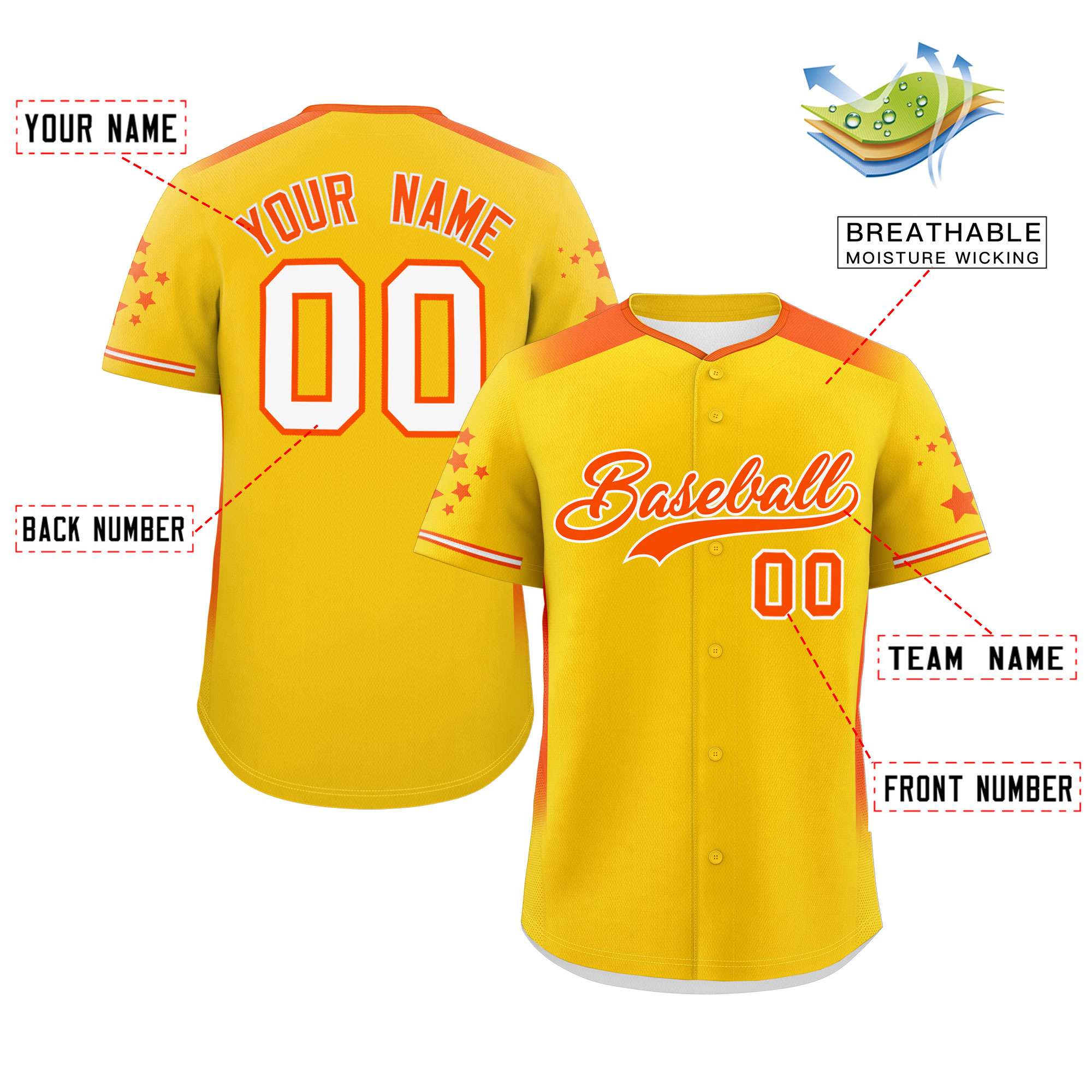 Custom Gold Orange Gradient Side Personalized Star Pattern Authentic Baseball Jersey