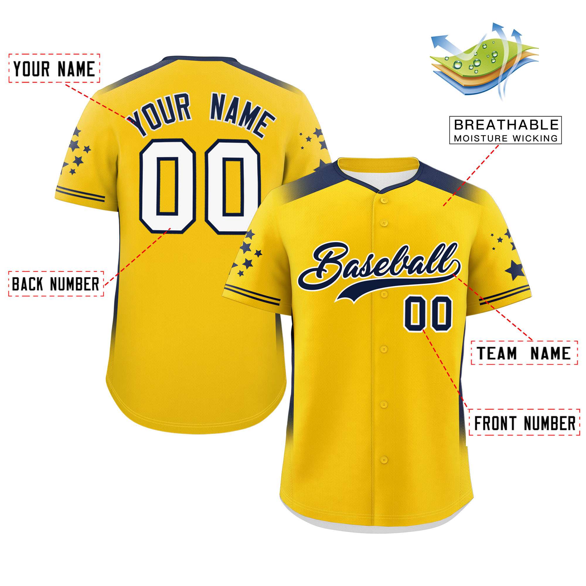 Custom Gold Navy Gradient Side Personalized Star Pattern Authentic Baseball Jersey