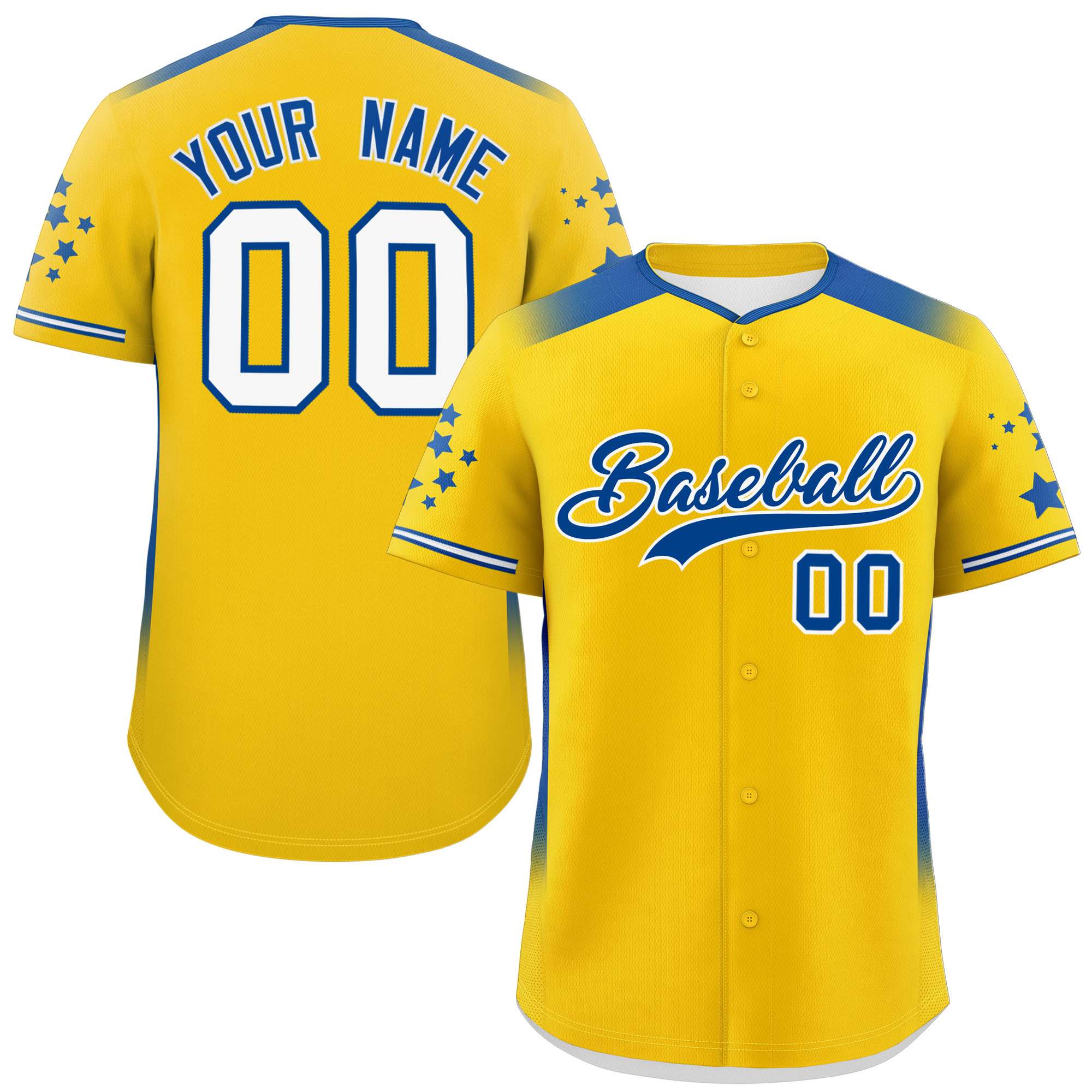 Custom Gold Royal Gradient Side Personalized Star Pattern Authentic Baseball Jersey