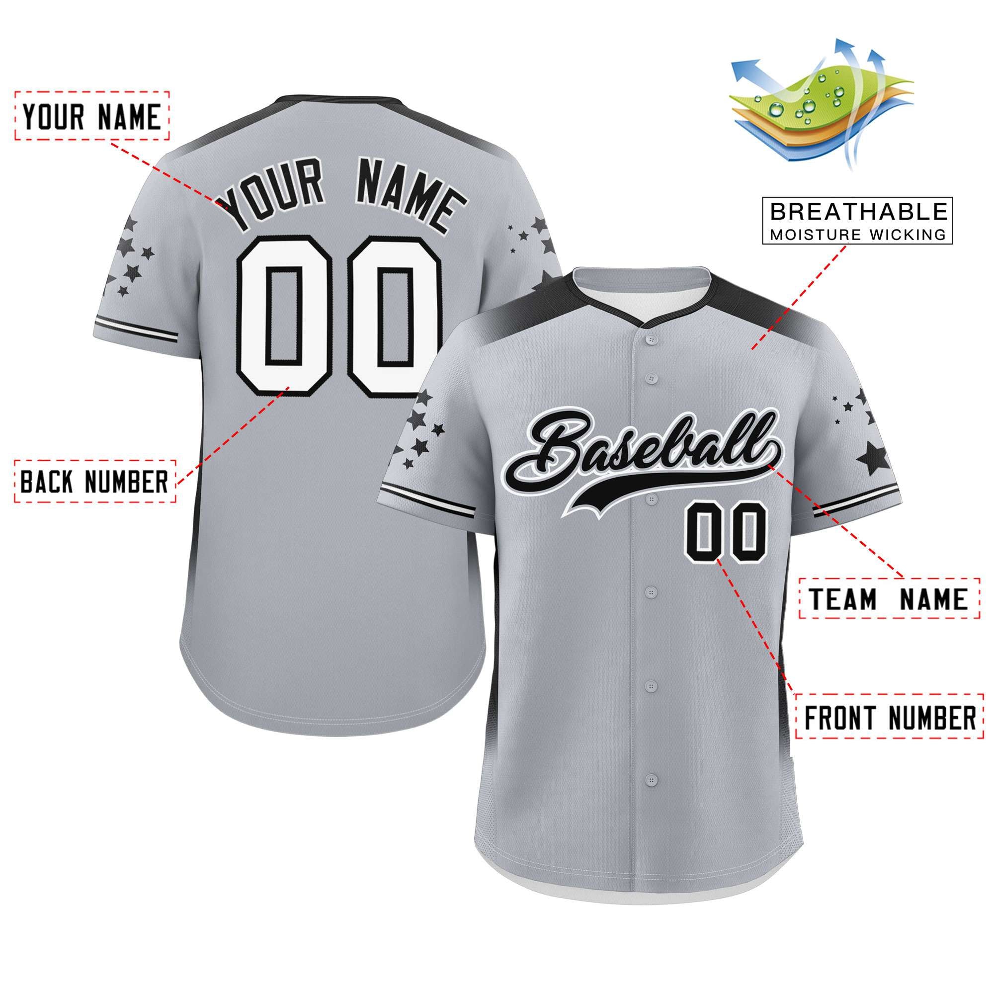 Custom Gray Black Gradient Side Personalized Star Pattern Authentic Baseball Jersey