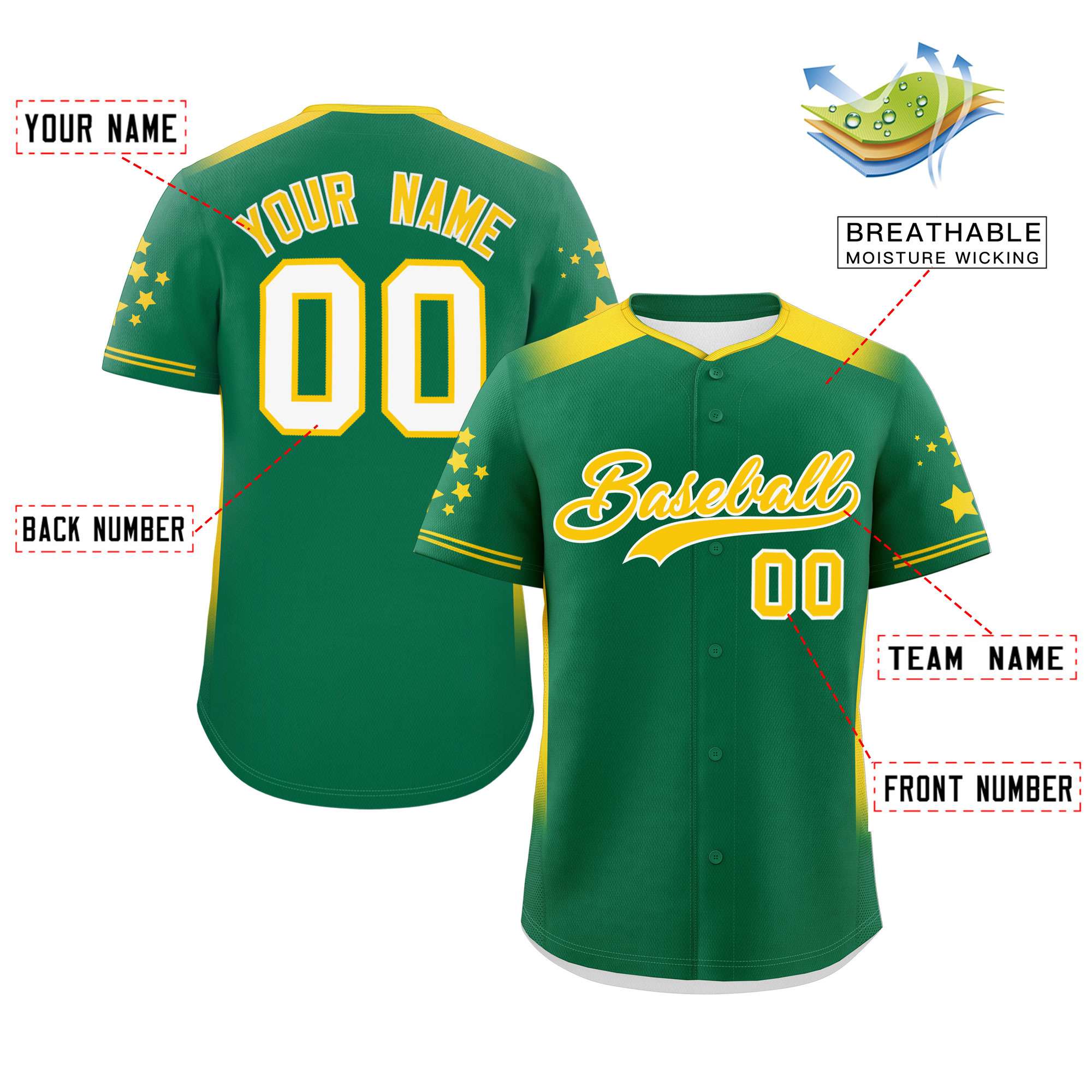 Custom Kelly Green Gold Gradient Side Personalized Star Pattern Authentic Baseball Jersey