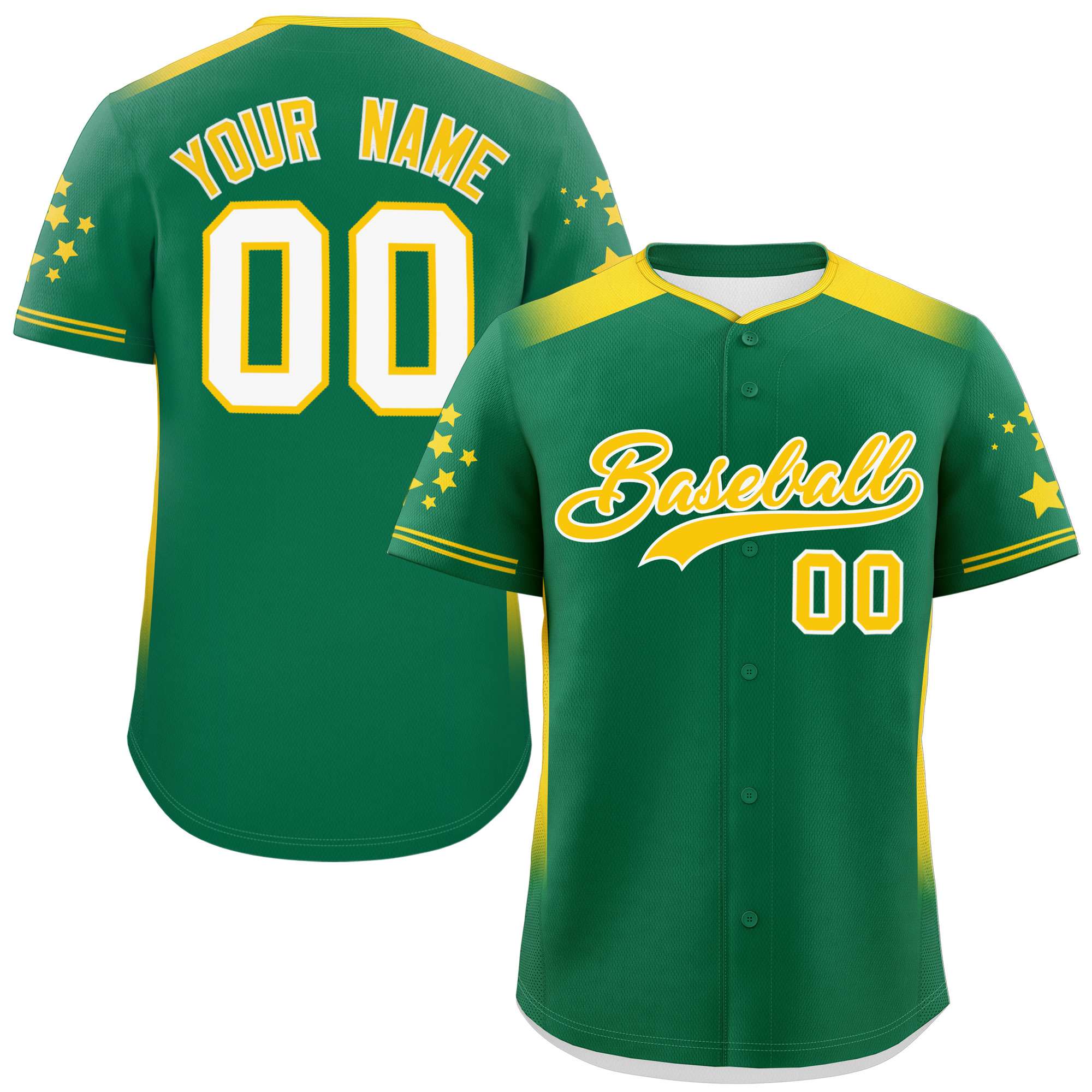 Custom Kelly Green Gold Gradient Side Personalized Star Pattern Authentic Baseball Jersey