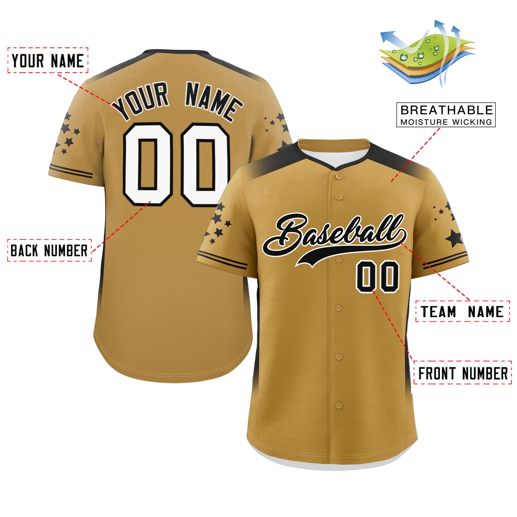 Custom Old Gold Black Gradient Side Personalized Star Pattern Authentic Baseball Jersey