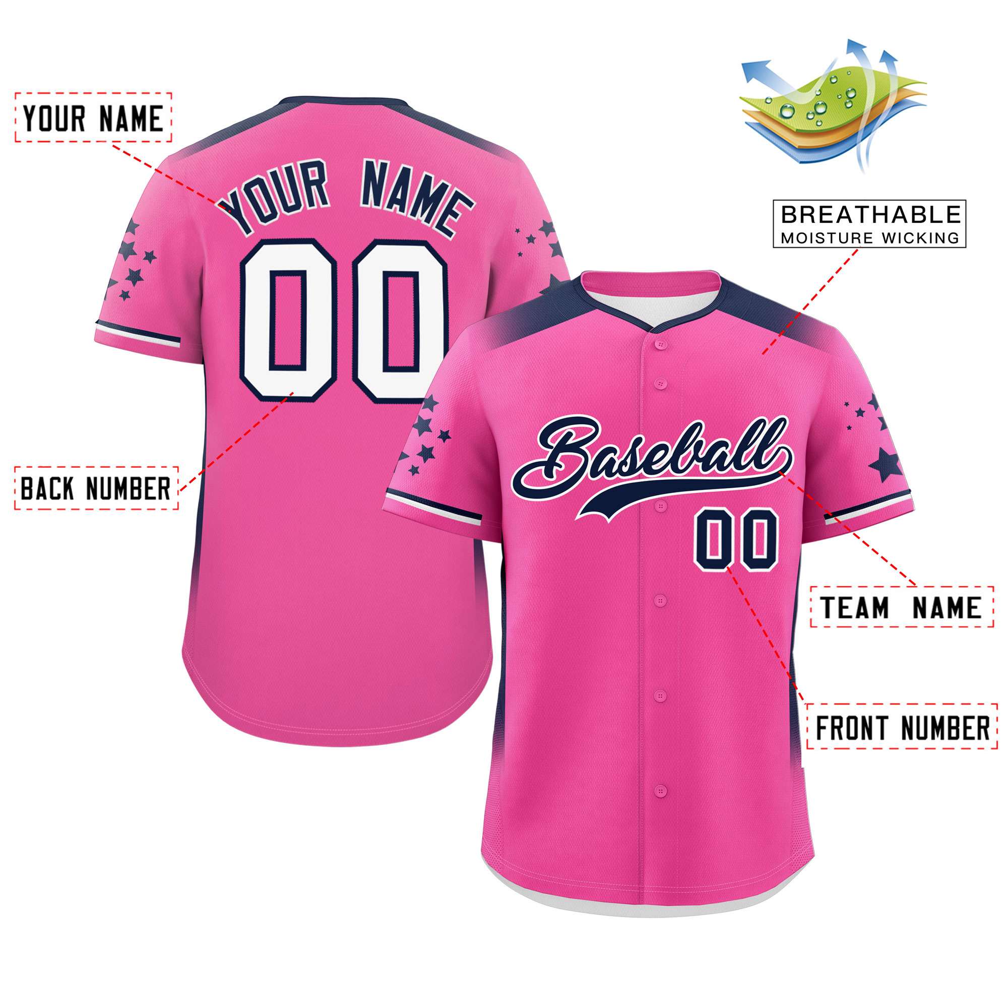 Custom Pink Navy Gradient Side Personalized Star Pattern Authentic Baseball Jersey