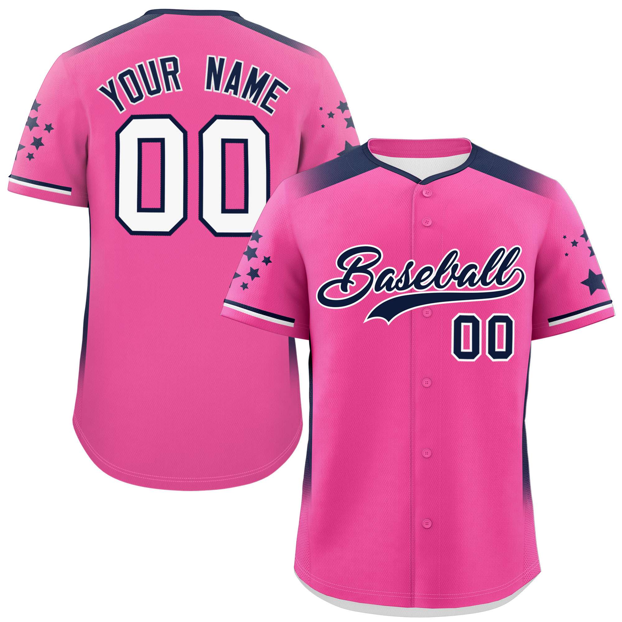 Custom Pink Navy Gradient Side Personalized Star Pattern Authentic Baseball Jersey