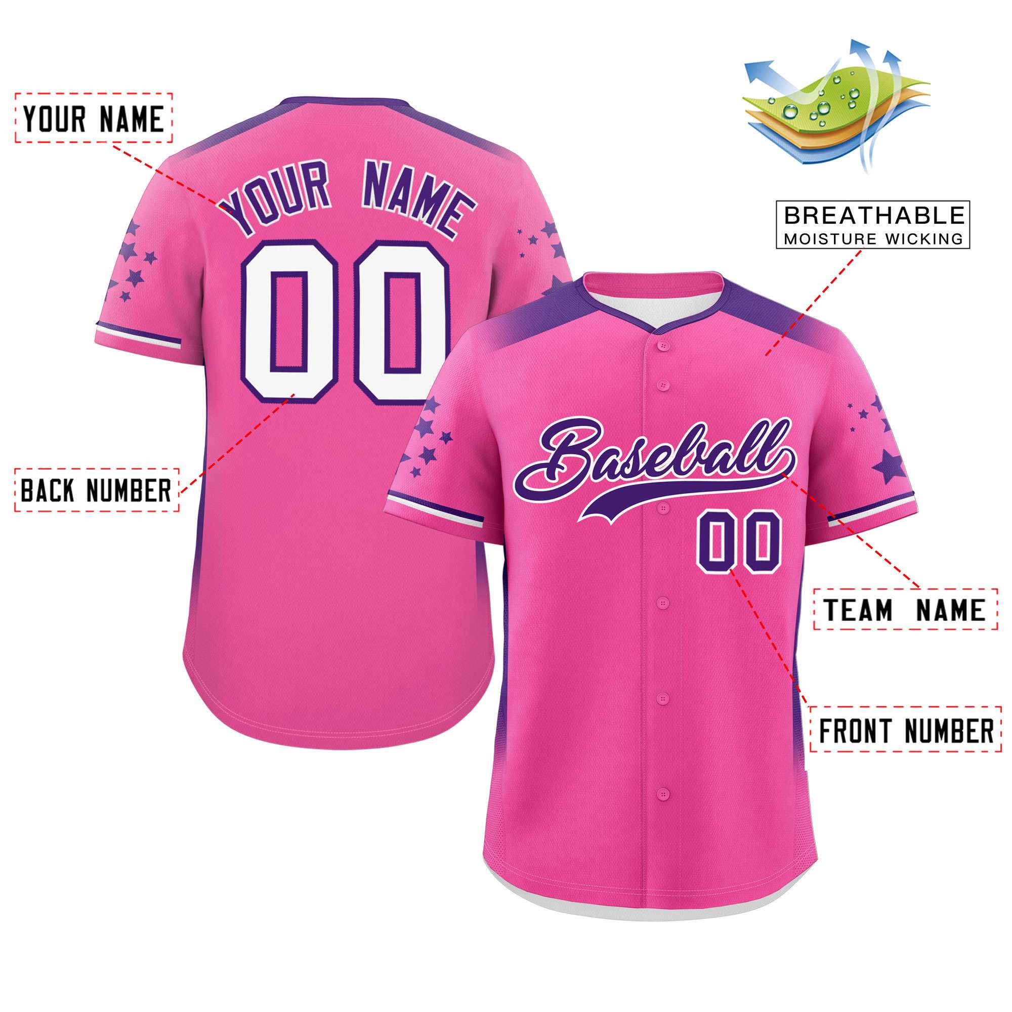 Custom Pink Purple Gradient Side Personalized Star Pattern Authentic Baseball Jersey