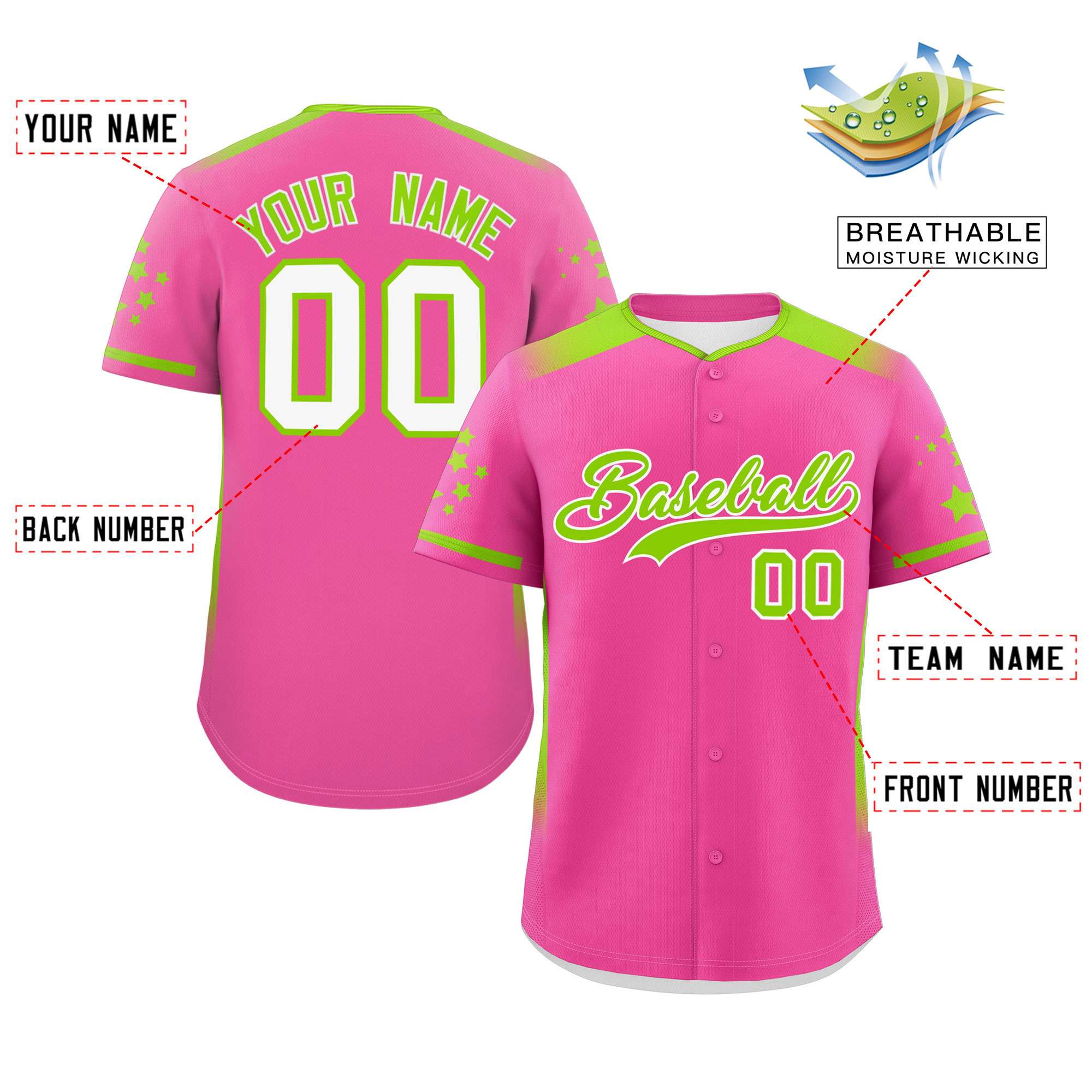 Custom Pink Neon Green Gradient Side Personalized Star Pattern Authentic Baseball Jersey