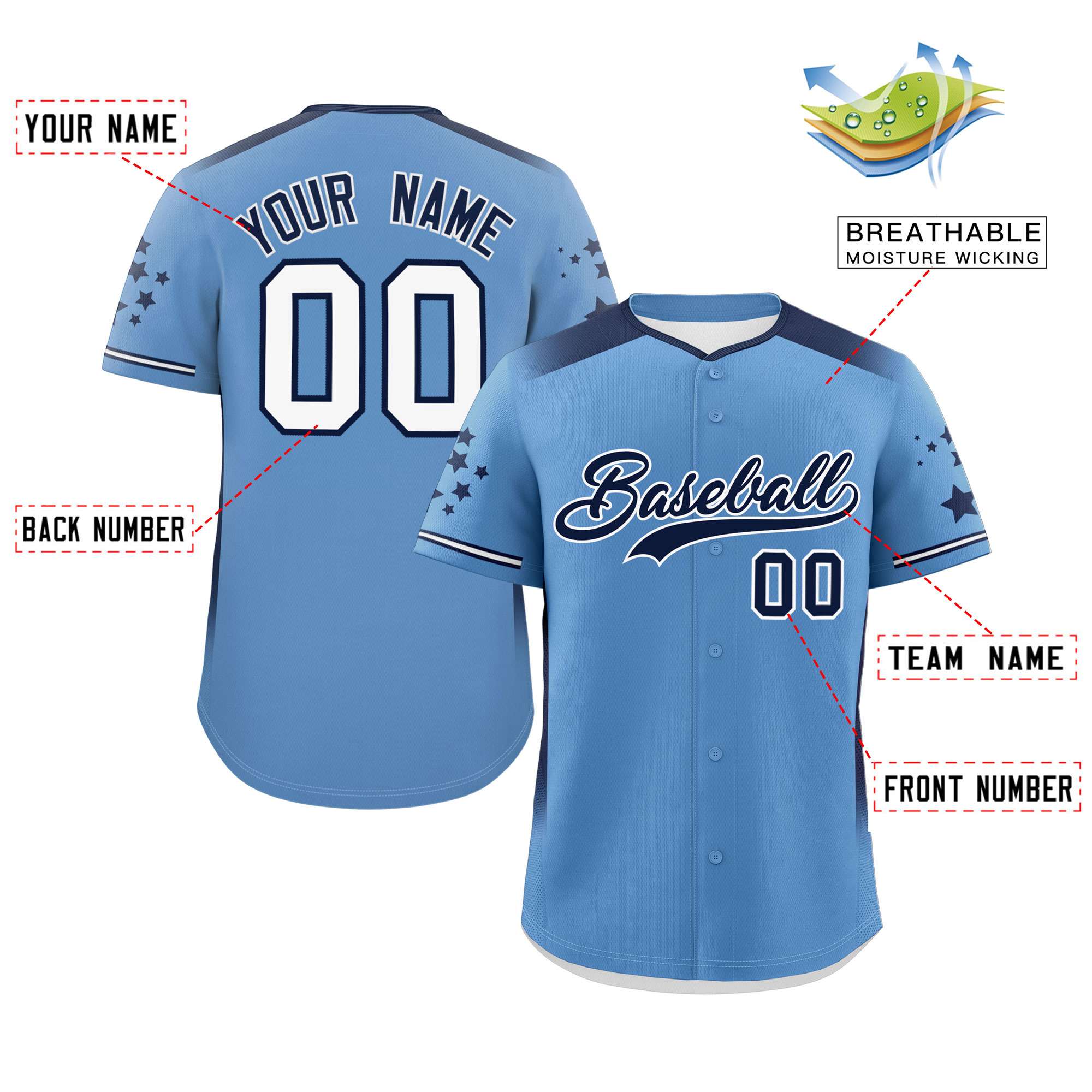 Custom Light Blue Navy Gradient Side Personalized Star Pattern Authentic Baseball Jersey