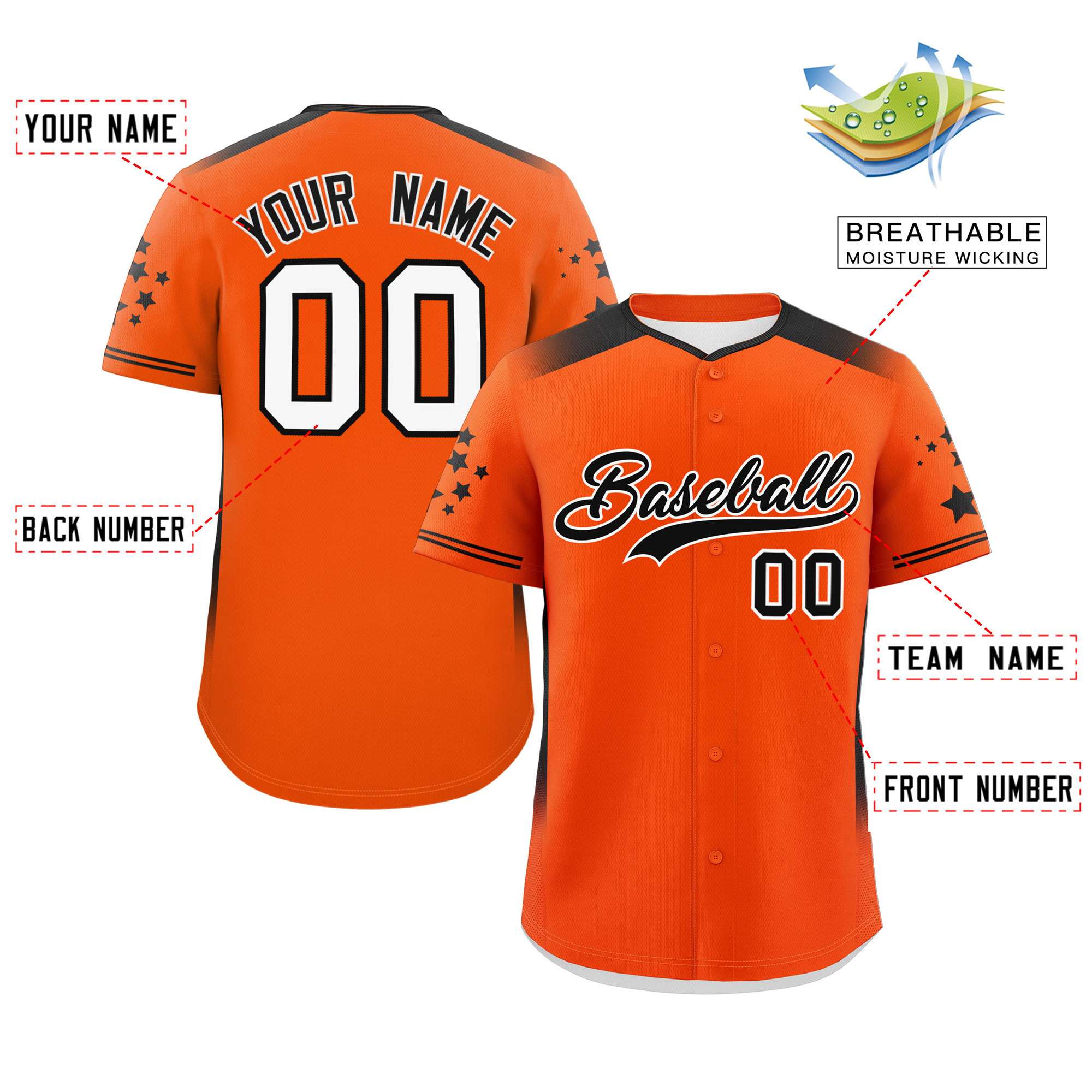 Custom Orange Black Gradient Side Personalized Star Pattern Authentic Baseball Jersey