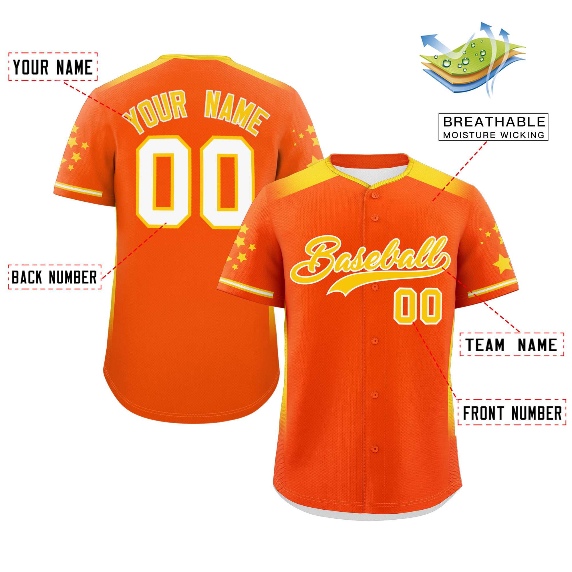 Custom Orange Gold Gradient Side Personalized Star Pattern Authentic Baseball Jersey