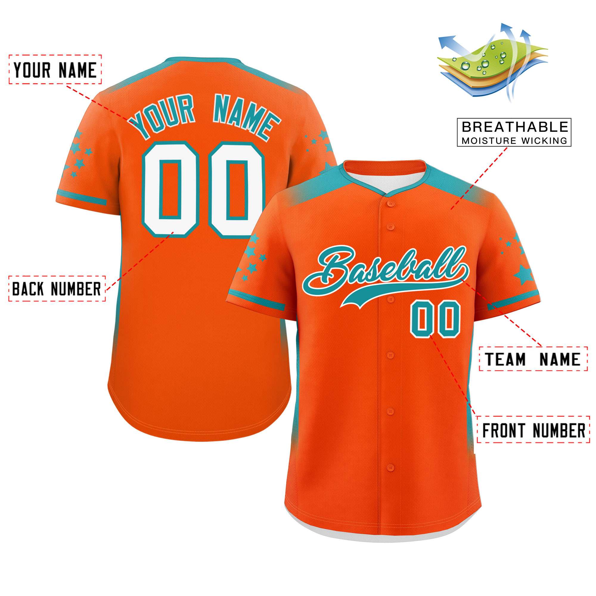 Custom Orange Aqua Gradient Side Personalized Star Pattern Authentic Baseball Jersey