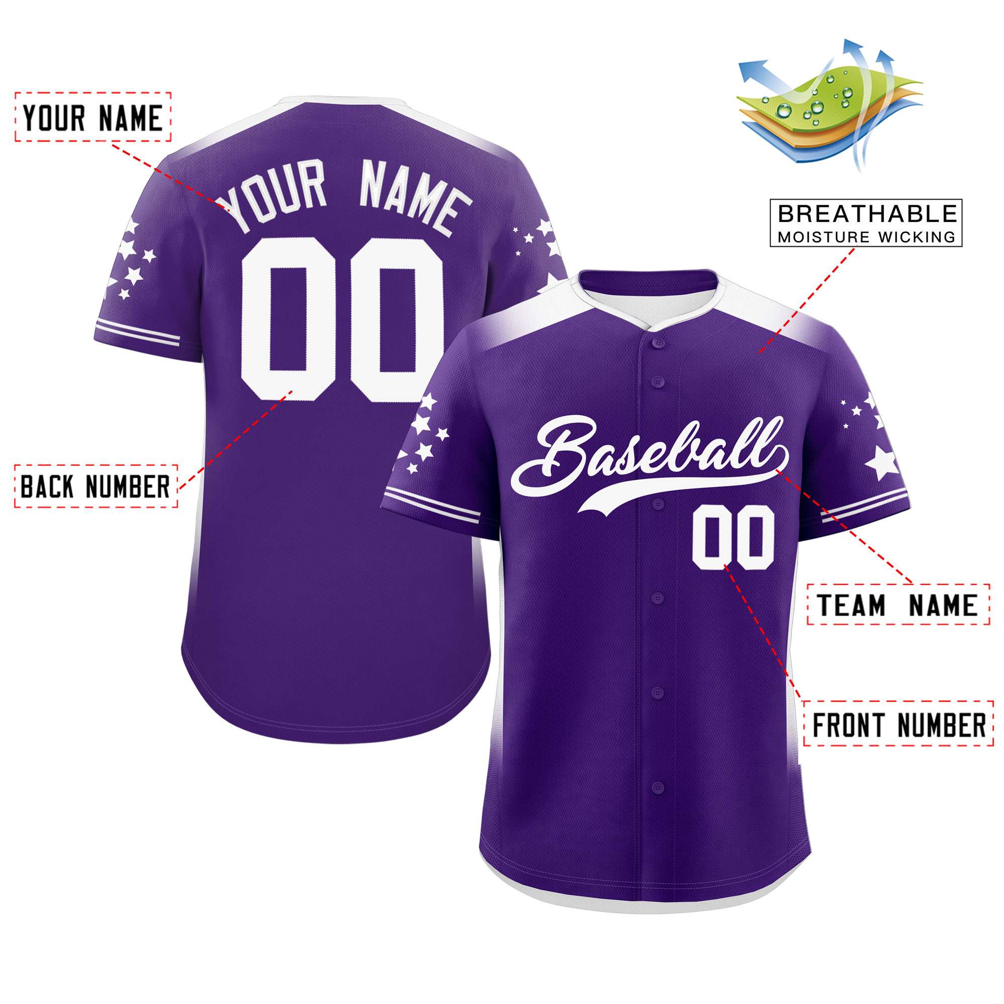 Custom Purple White Gradient Side Personalized Star Pattern Authentic Baseball Jersey