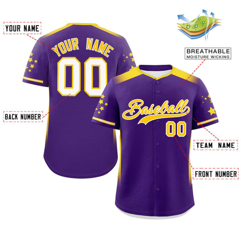 Custom Purple Gold Gradient Side Personalized Star Pattern Authentic Baseball Jersey