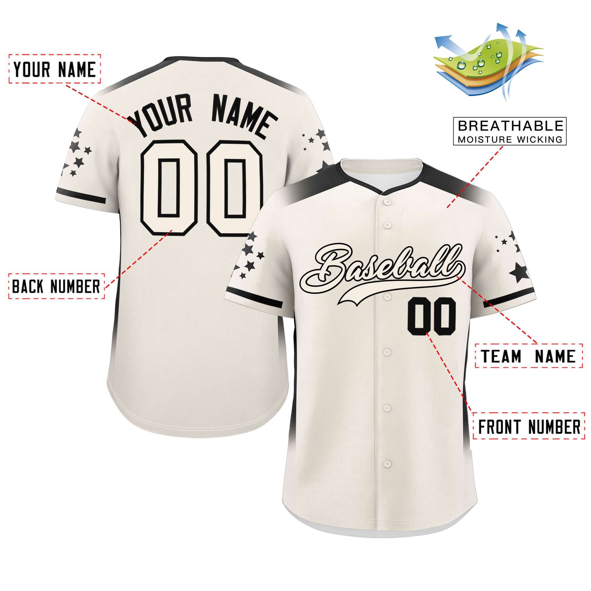 Custom Cream Black Gradient Side Personalized Star Pattern Authentic Baseball Jersey