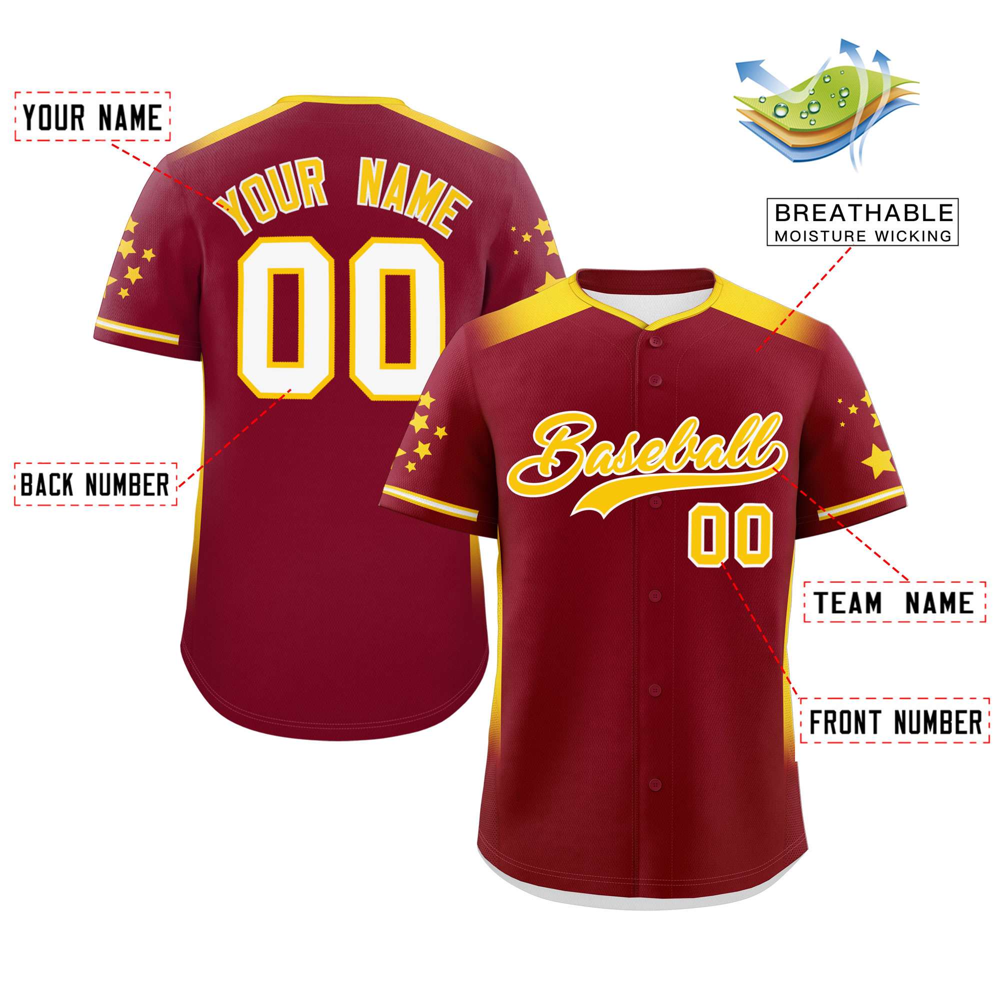 Custom Crimson Gold Gradient Side Personalized Star Pattern Authentic Baseball Jersey