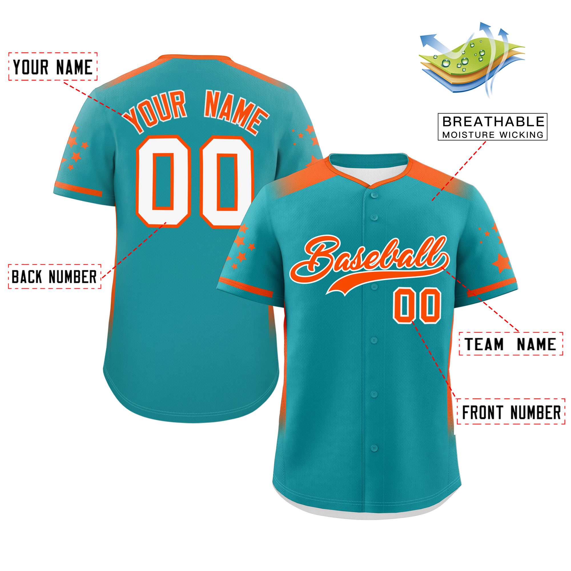 Custom Aqua Orange Gradient Side Personalized Star Pattern Authentic Baseball Jersey
