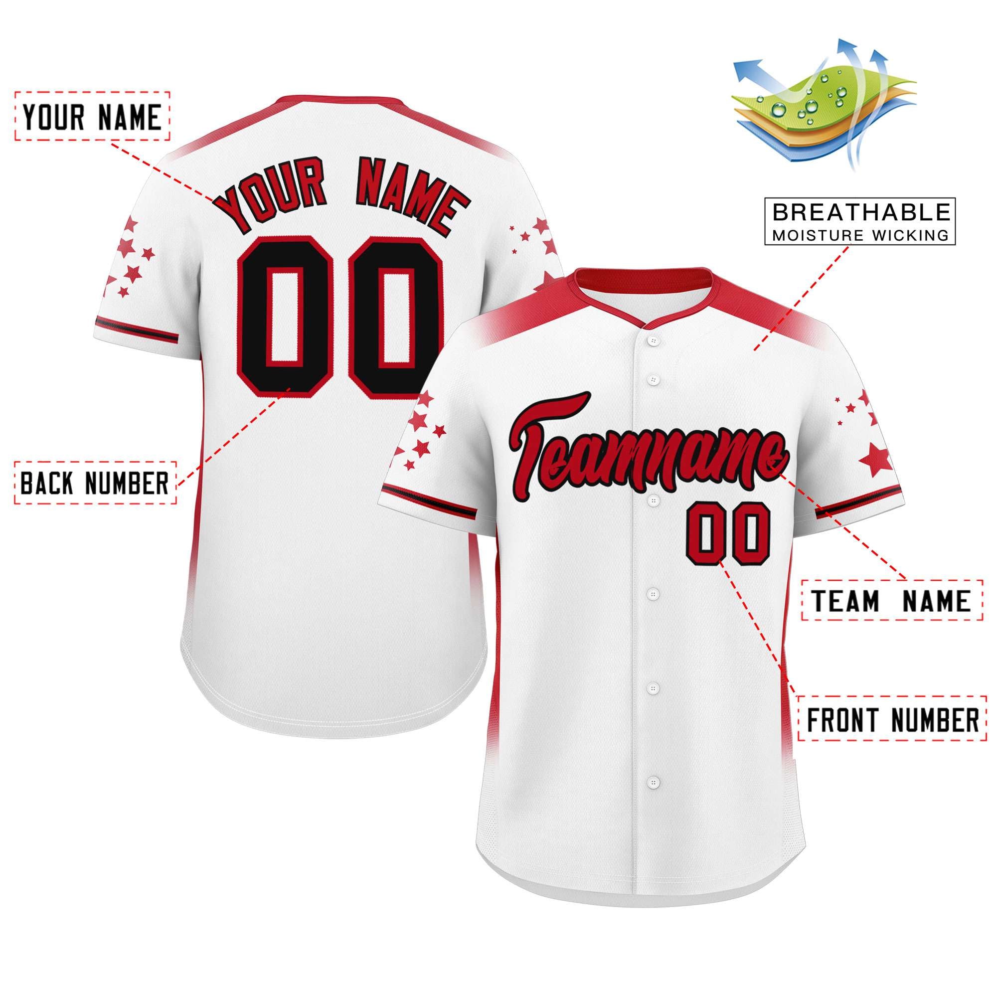 Custom White Red Gradient Side Personalized Star Pattern Authentic Baseball Jersey