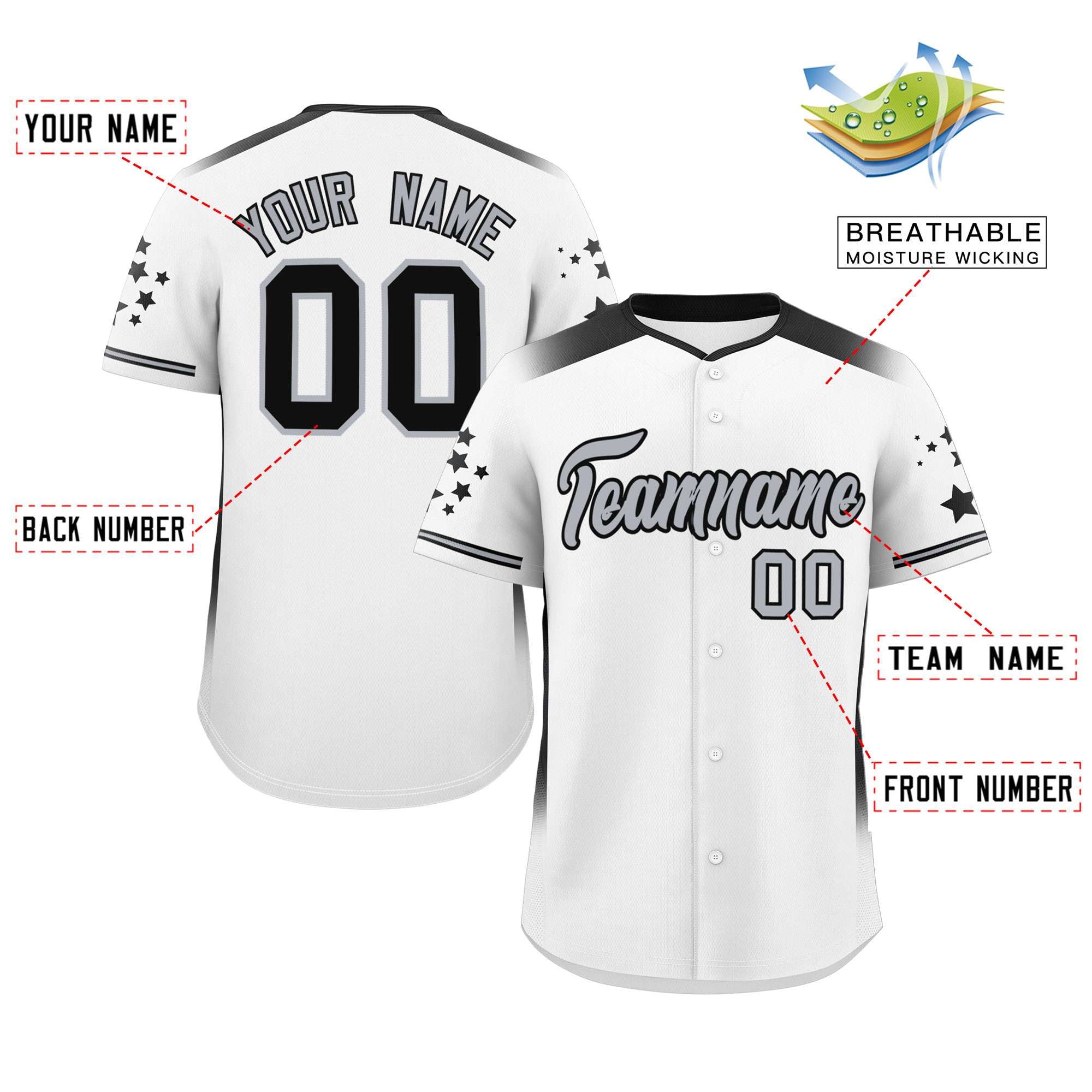 Custom White Black Gradient Side Personalized Star Pattern Authentic Baseball Jersey