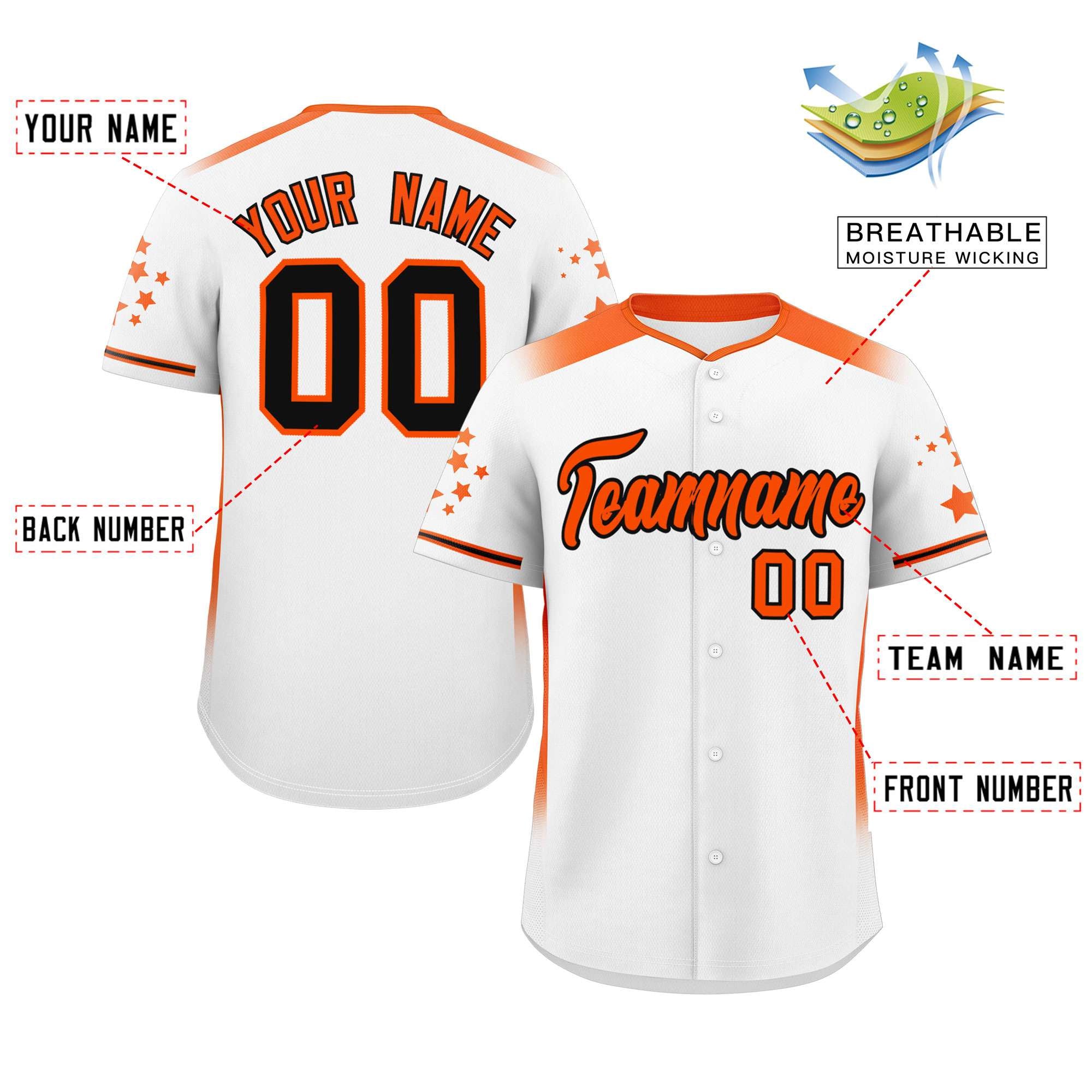 Custom White Orange Gradient Side Personalized Star Pattern Authentic Baseball Jersey