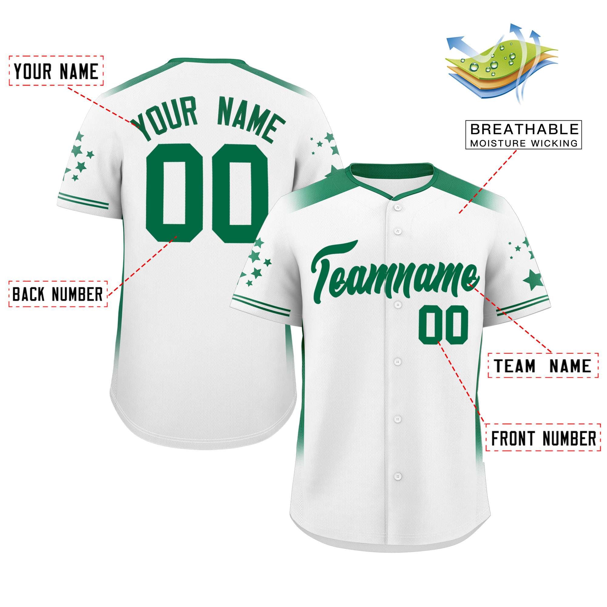 Custom White Kelly Green Gradient Side Personalized Star Pattern Authentic Baseball Jersey