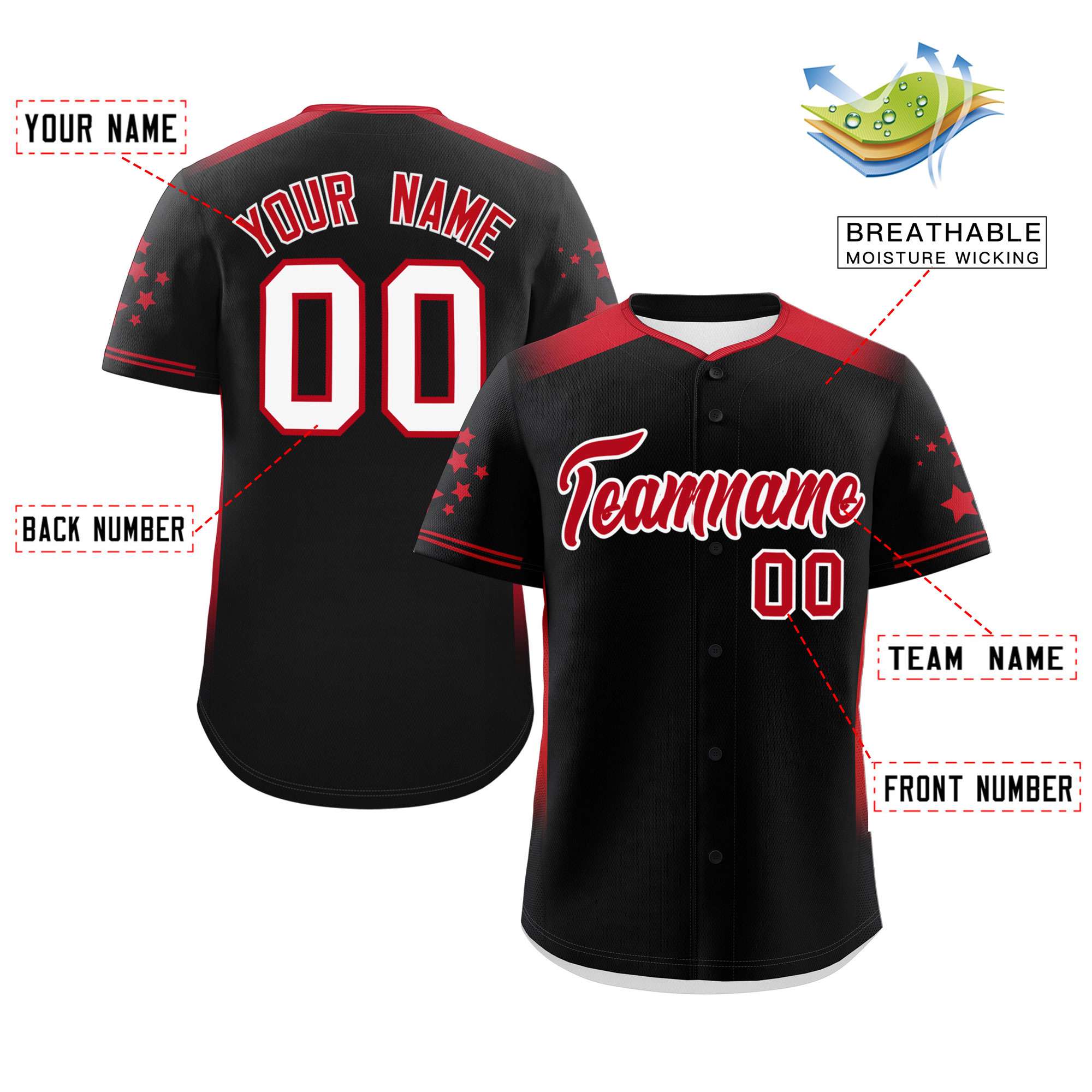 Custom Black Red Gradient Side Personalized Star Pattern Authentic Baseball Jersey