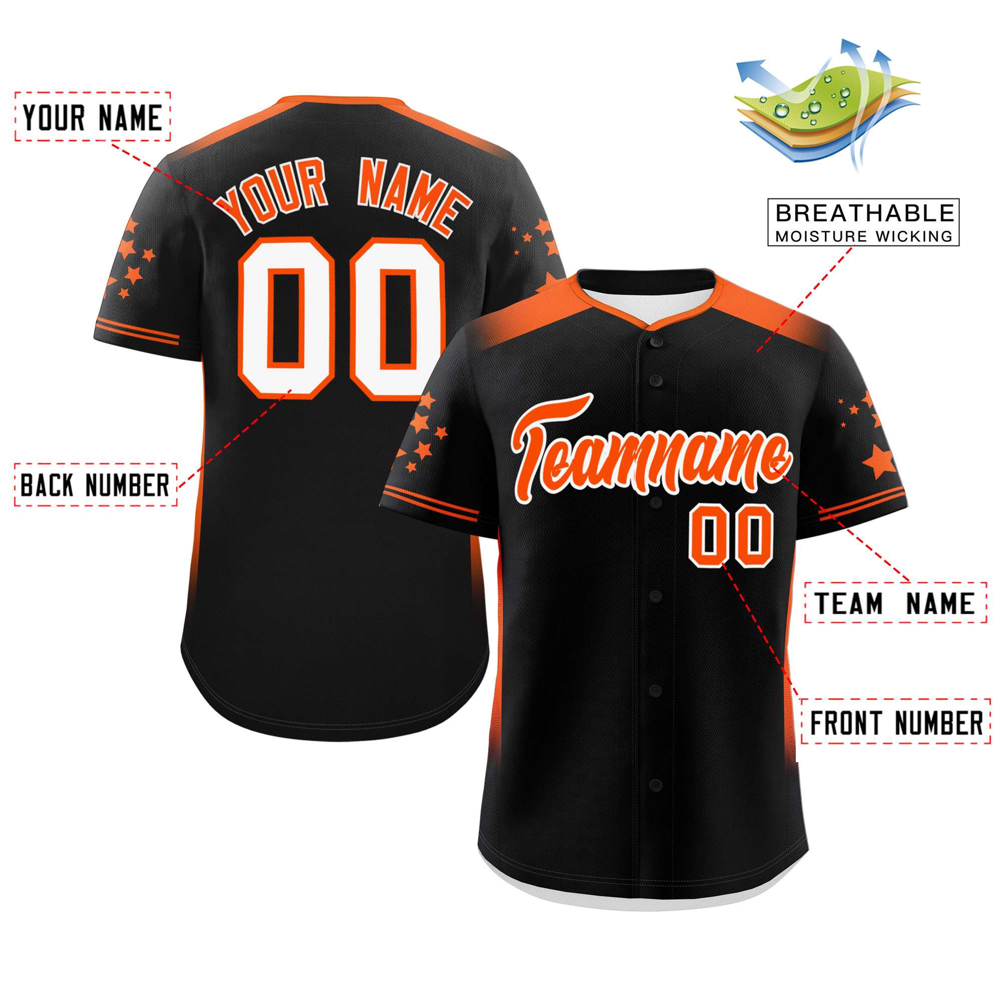 Custom Black Orange Gradient Side Personalized Star Pattern Authentic Baseball Jersey