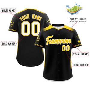 Custom Black Gold Gradient Side Personalized Star Pattern Authentic Baseball Jersey