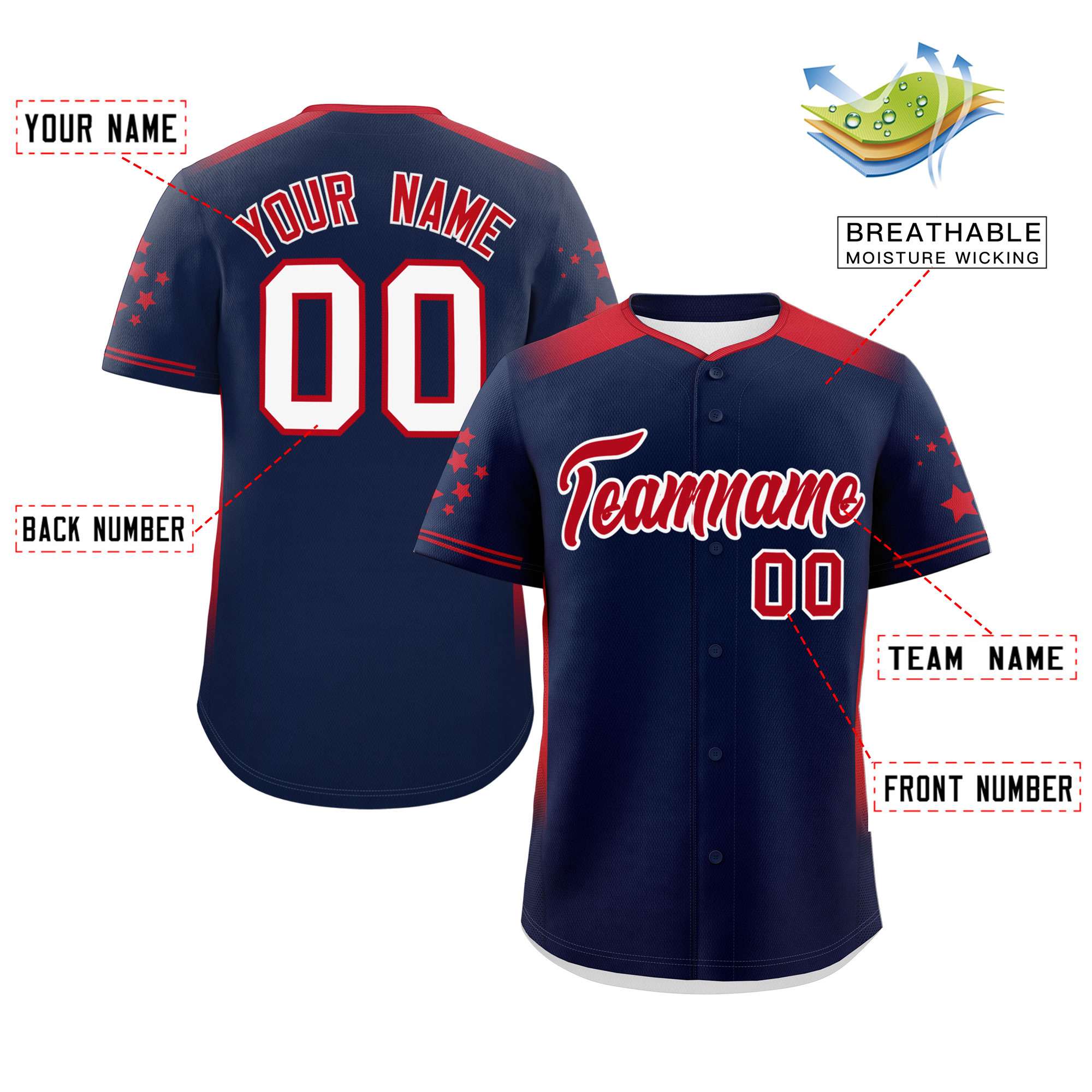 Custom Navy Red Gradient Side Personalized Star Pattern Authentic Baseball Jersey